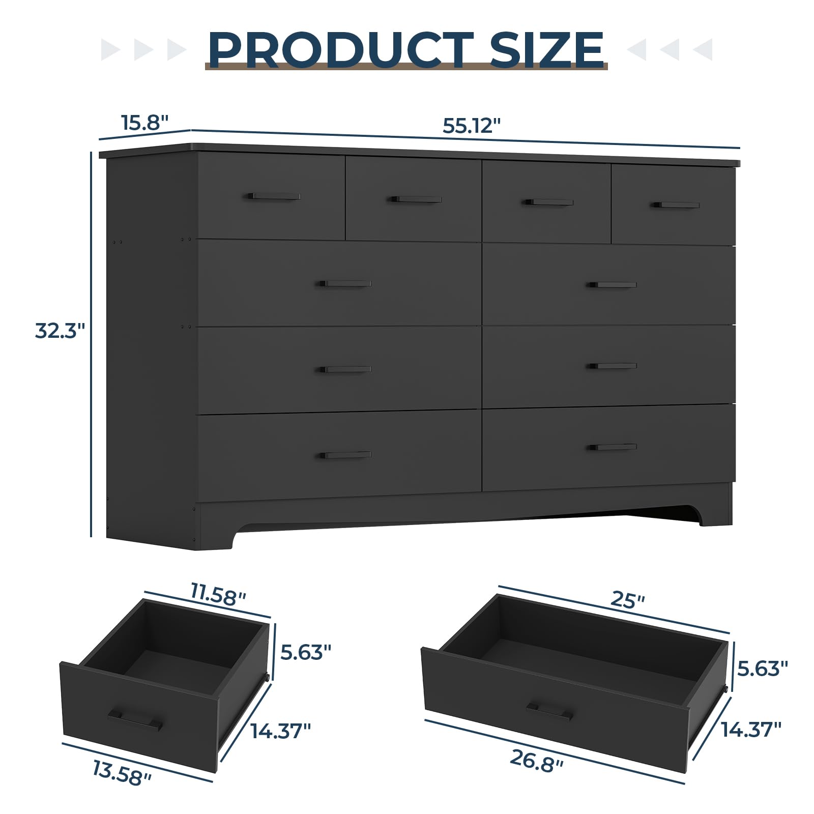 10-Drawer Black Dresser – Large Bedroom Storage Organizer with Power Outlets, Can Be Used as TV Stand, 55.1" Wide