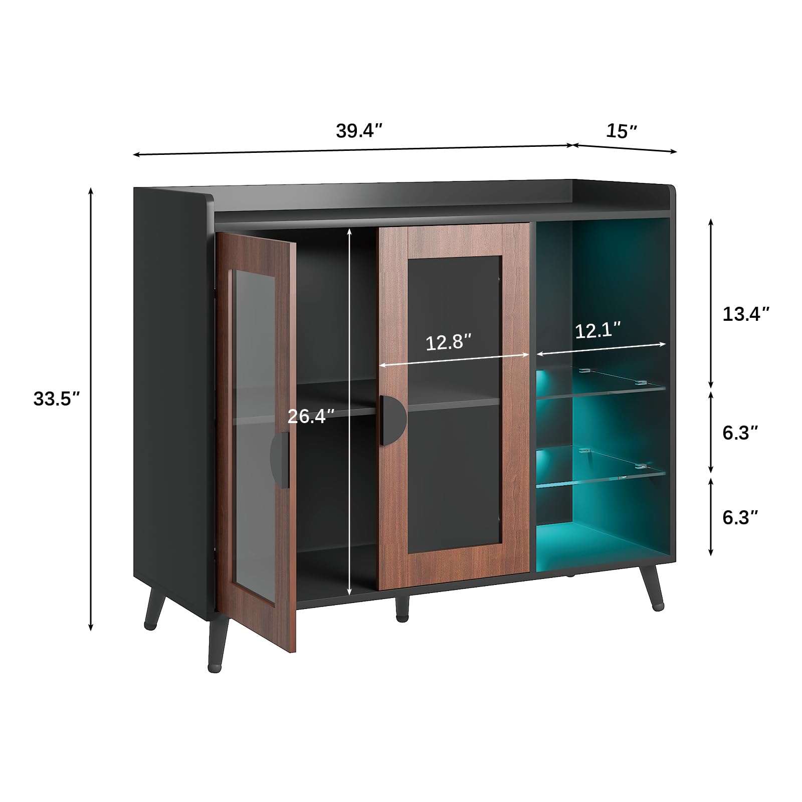 FURNIXI Sideboard Buffet Cabinet with Storage, Modern LED Coffee Bar Console with Glass Shelves & Acrylic Doors, for Dining Room