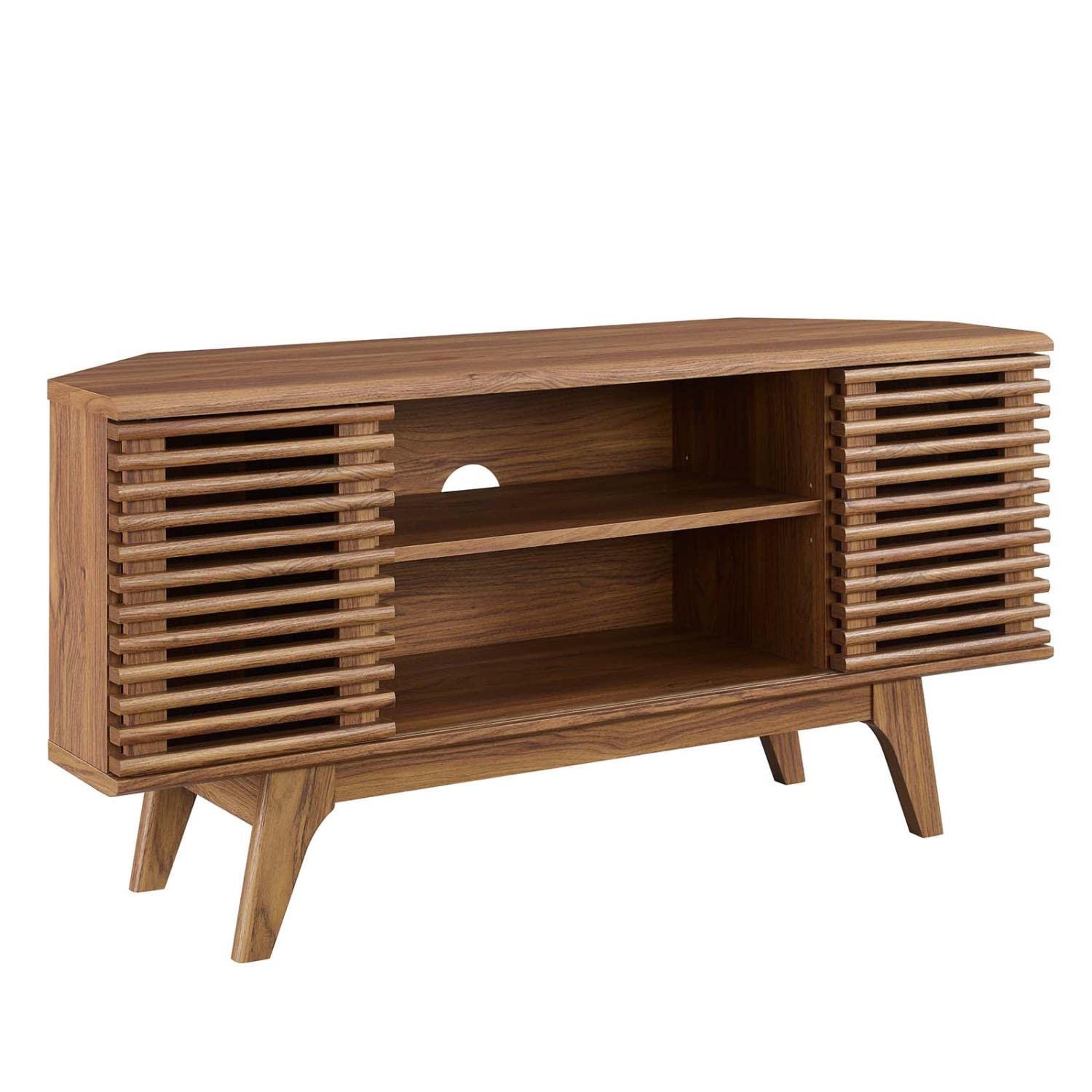 Mid-Century Low Profile TV Stand – 46" Wide Corner Entertainment Console in Walnut Finish for Small Spaces