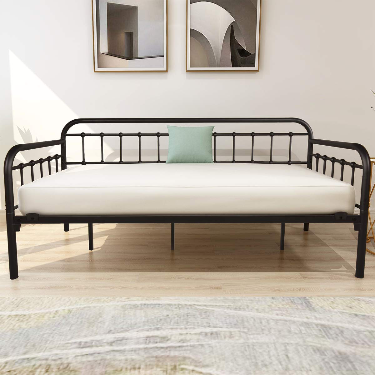Metal Twin Daybed Frame – Black Sanded Platform Sofa Bed with Heavy-Duty Steel Slats for Bedroom or Guest Room