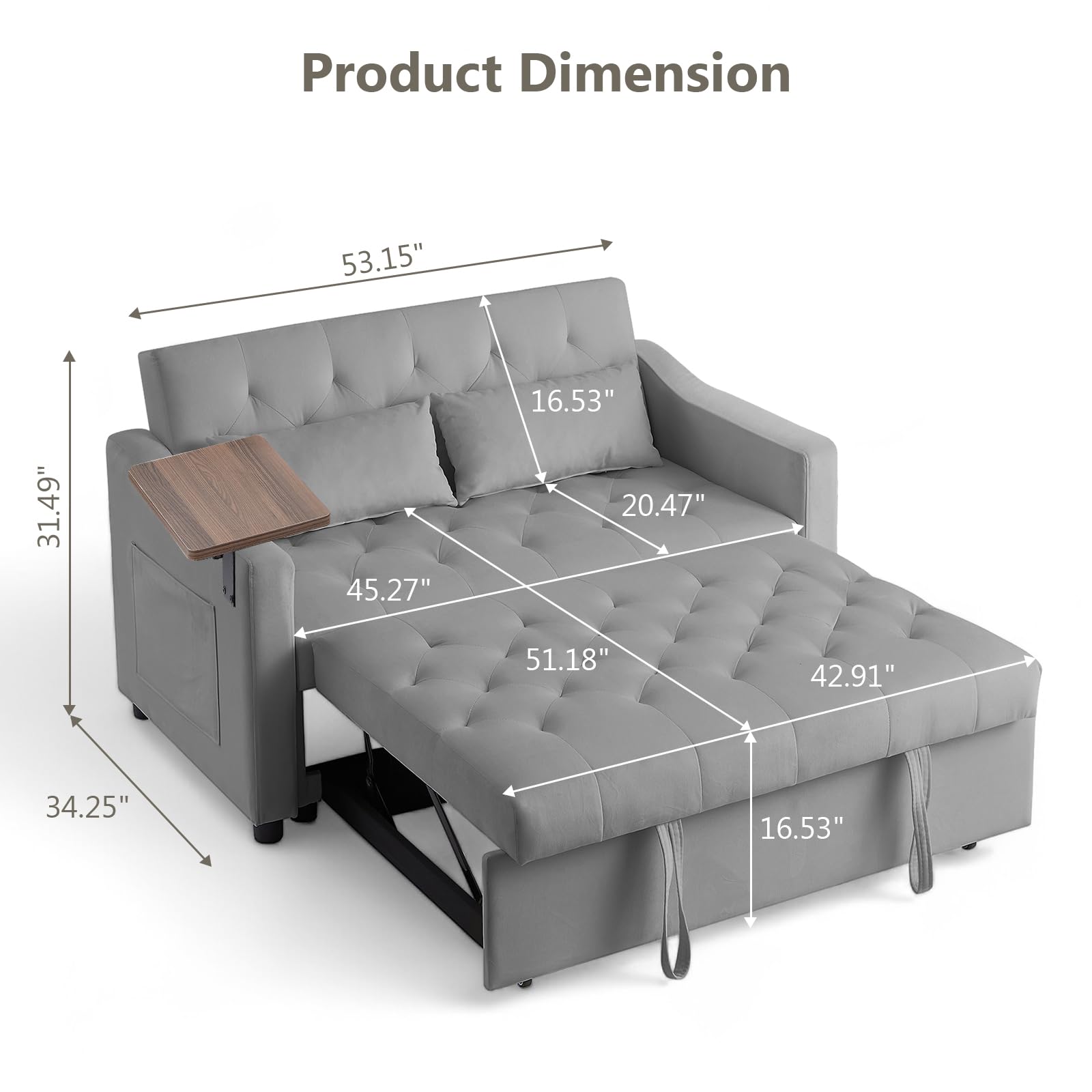 3-in-1 Convertible Sleeper Loveseat Sofa Bed with Pull-Out Couch, Adjustable Backrest & Swivel Side Table