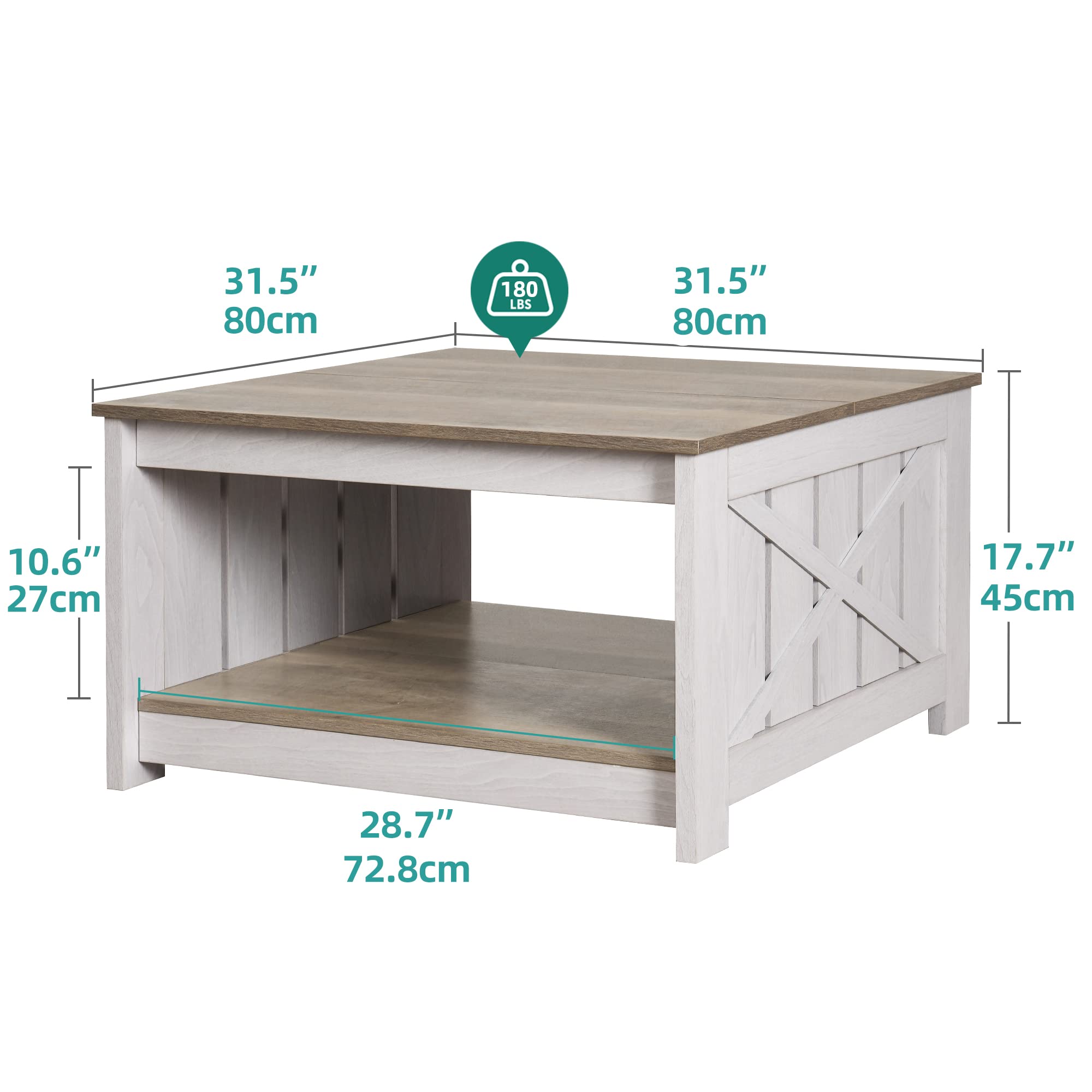 Farmhouse Square Coffee Table with Half Open Storage, Rustic Grey Wash Wood Living Room or Meeting Table