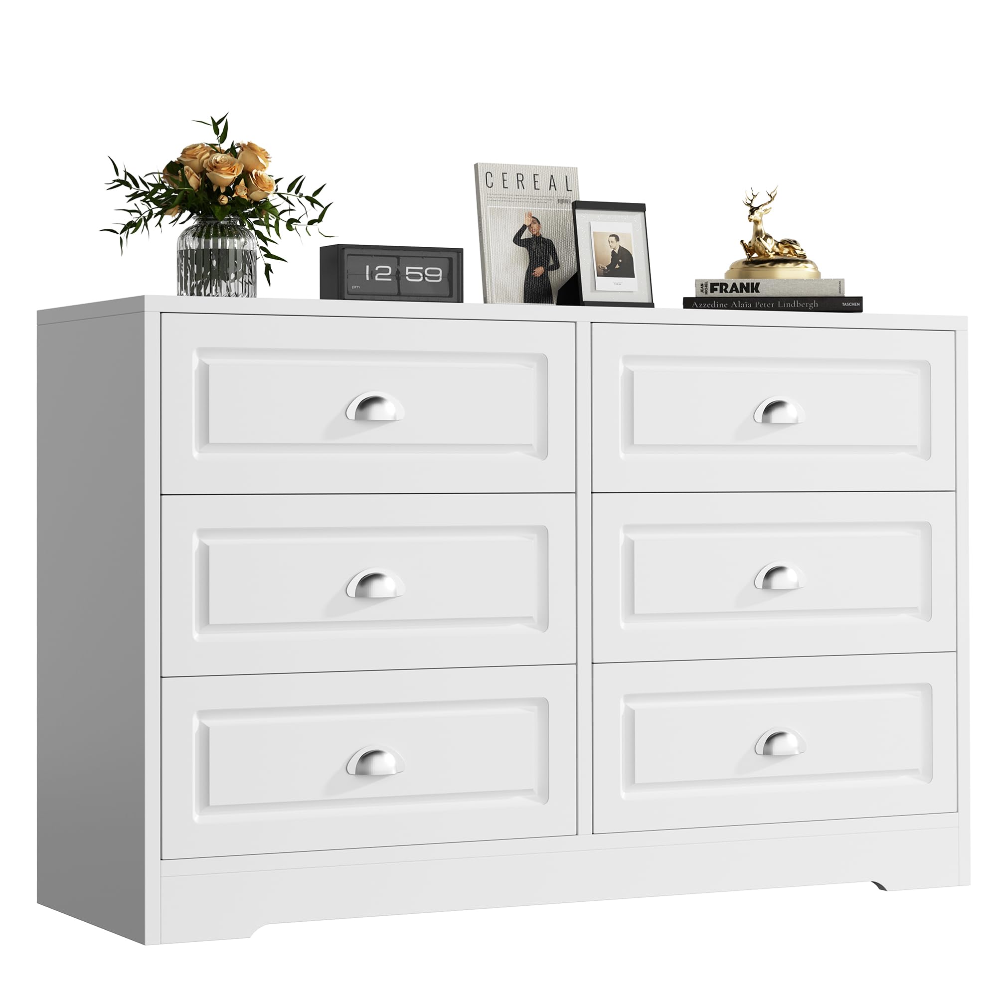 6-Drawer White Dresser – Modern Double Dresser with Metal Handles, Ideal as Bedroom Storage or Living Room TV Stand