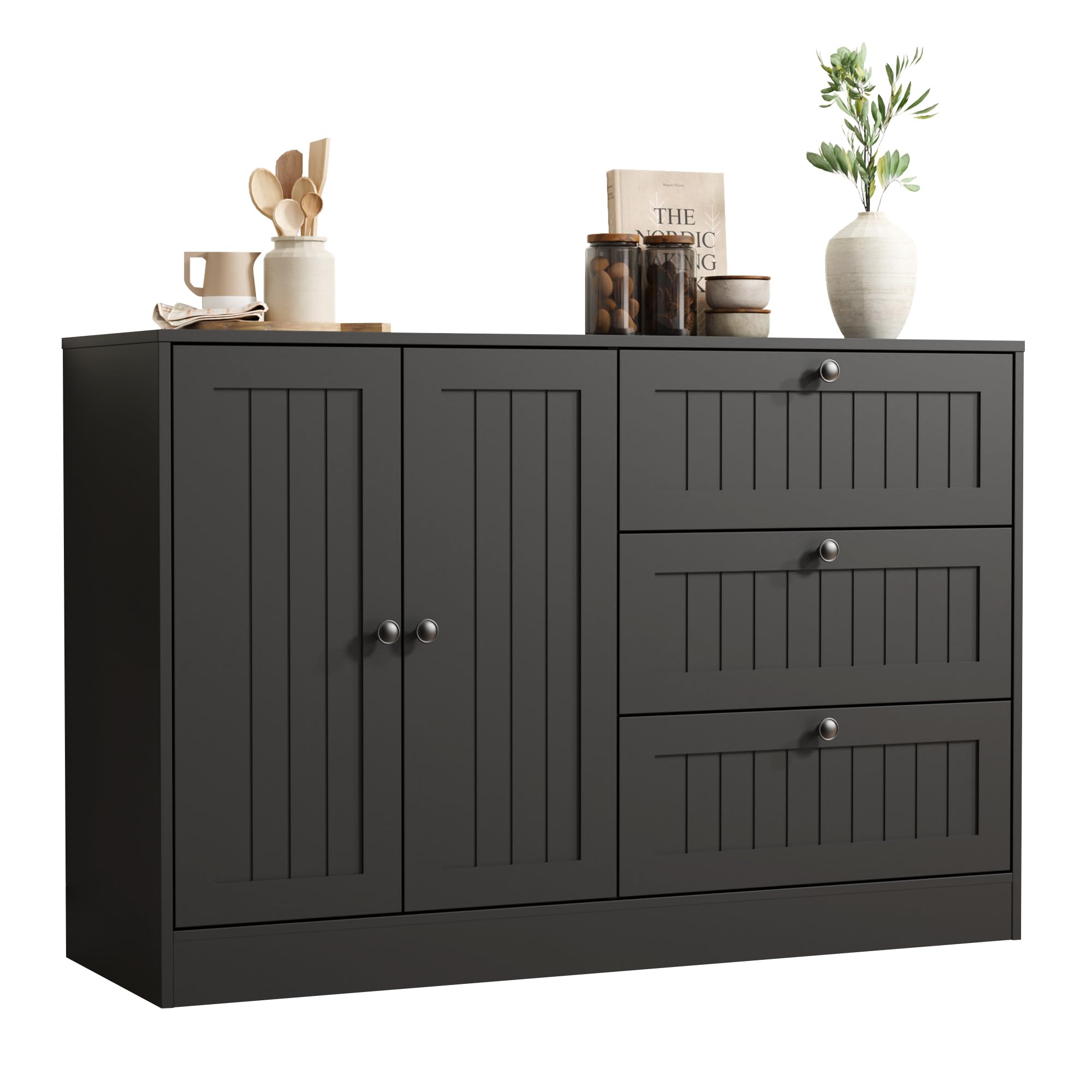 Sideboard Buffet Cabinet with Storage, 47" Black Farmhouse Kitchen Cabinet with 3 Drawers, Coffee Bar for Living Room