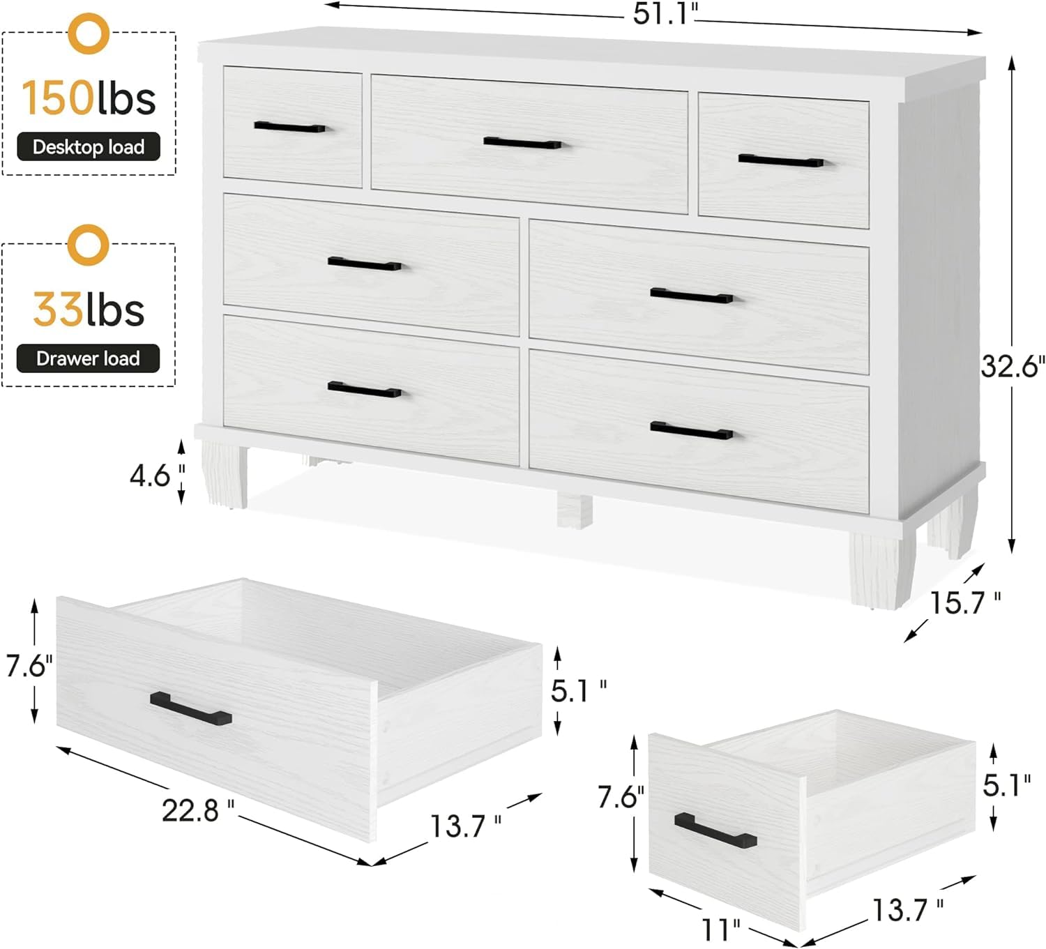7-Drawer Dresser – White Wooden Chest with Metal Handles, Modern Bedroom Organizer for Living Room or Closet
