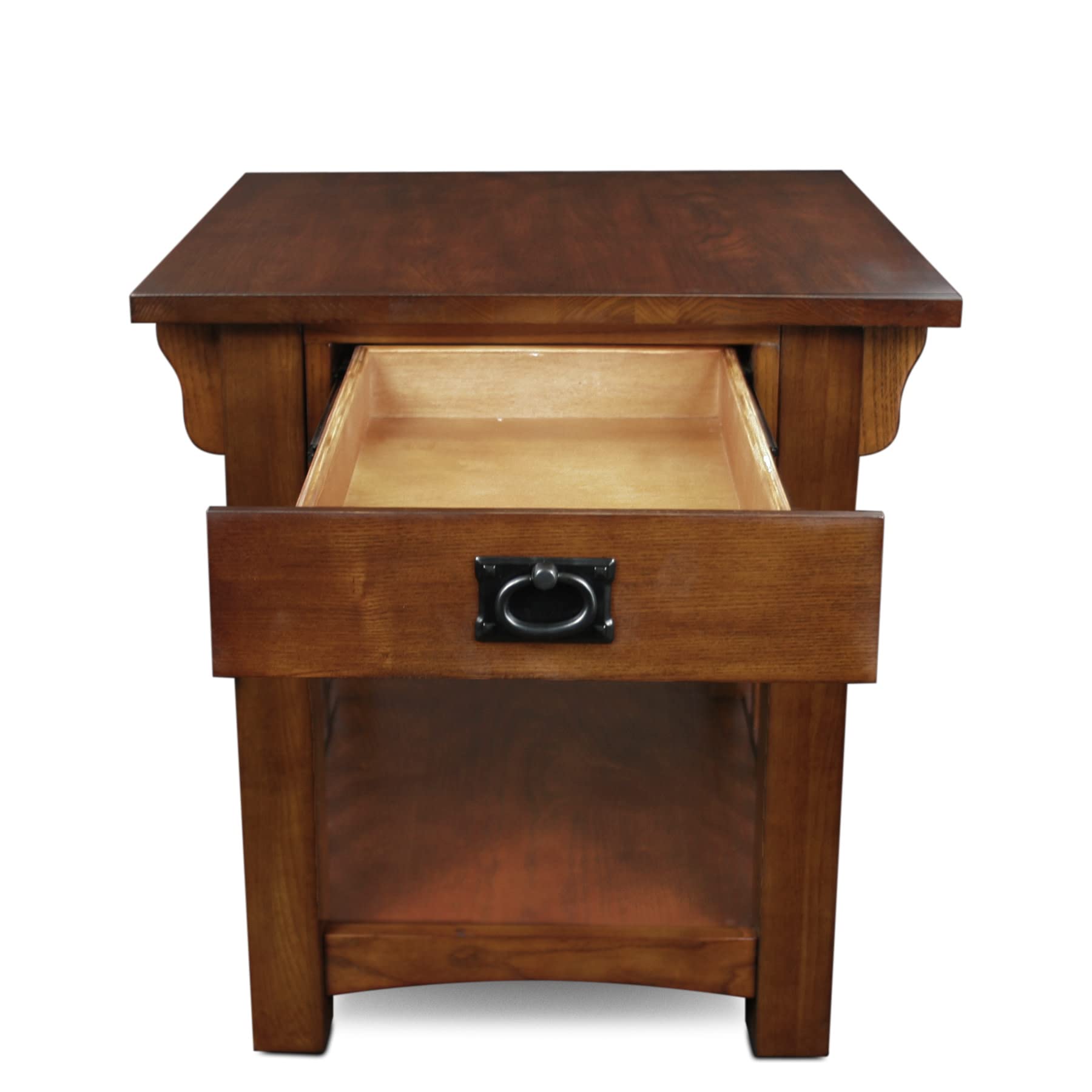 FURNIXI Mission Solid Wood End Table with Drawer & Shelf, Medium Oak Living Room Table with Slatted Sides