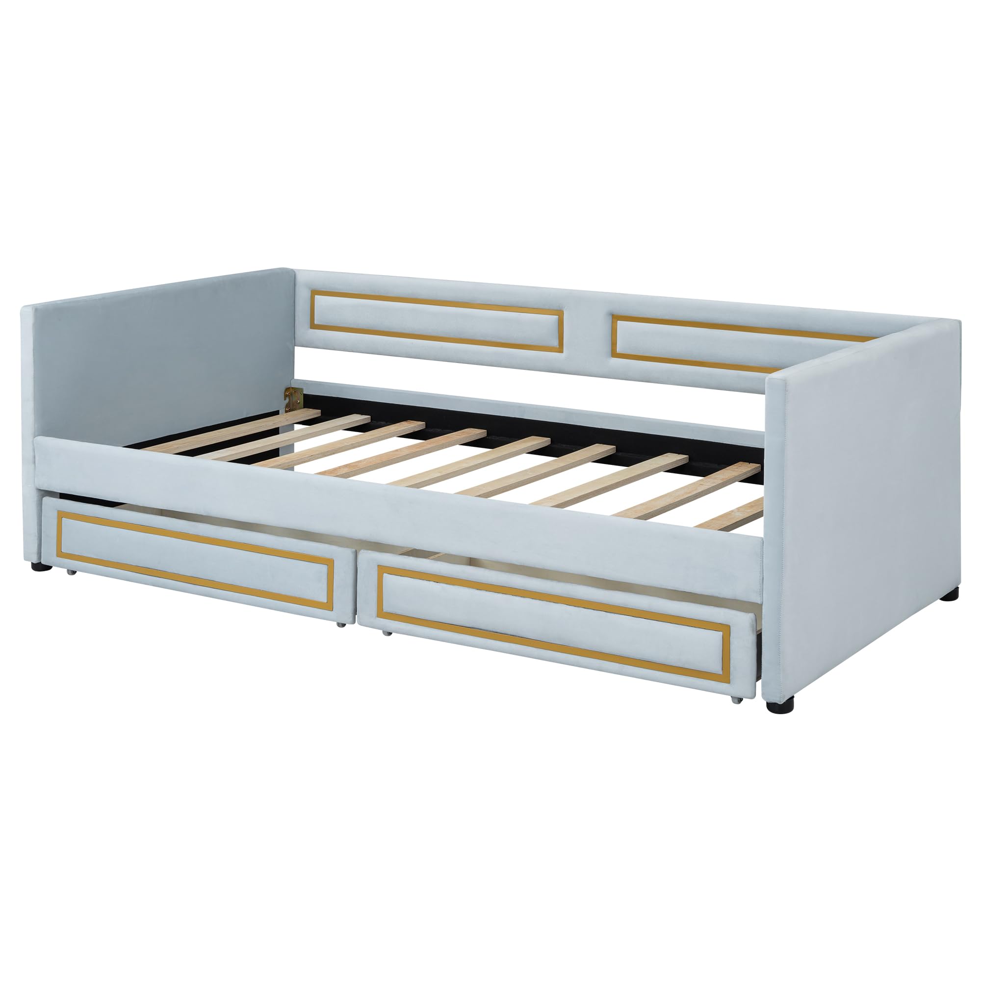 Upholstered Twin Daybed – Blue Trundle Bed with Metal Border, Storage Drawers, Wood Slats, No Box Spring Needed