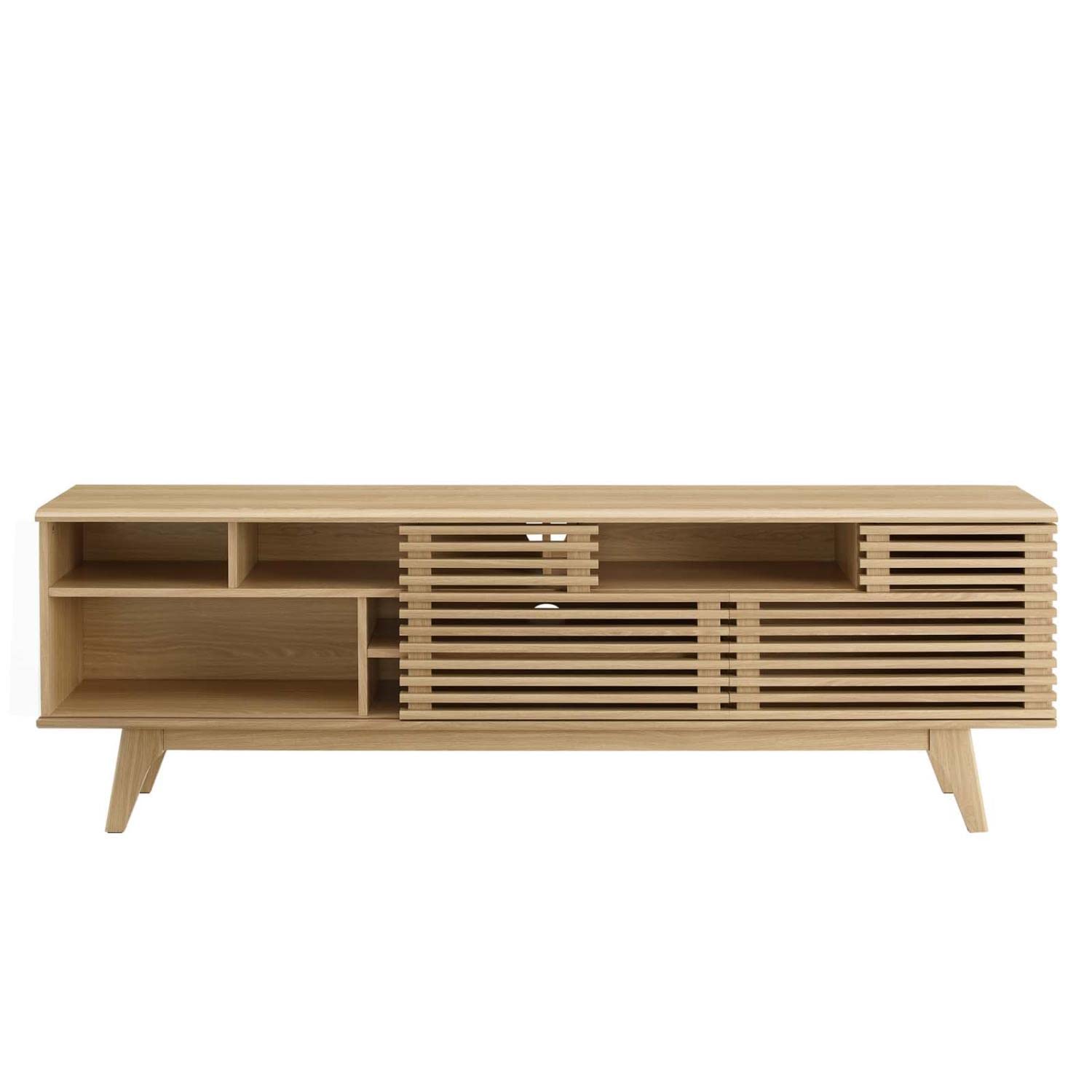 71" Mid-Century TV Stand – Low Profile Oak Wood Media Console with Open Storage for Living Room