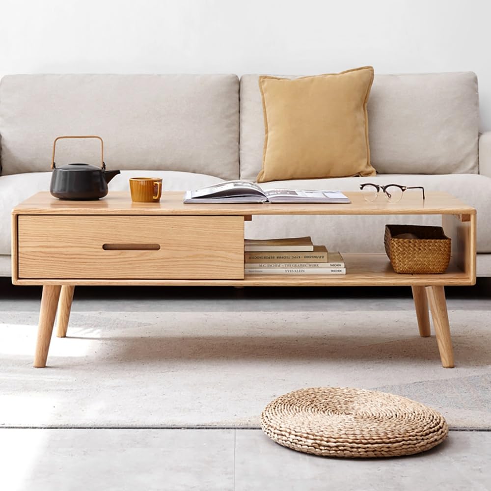 39.37'' Solid Wood Coffee Table, Mid-Century Modern Living Room Table with 2 Drawers & Storage Shelf, Oak Finish