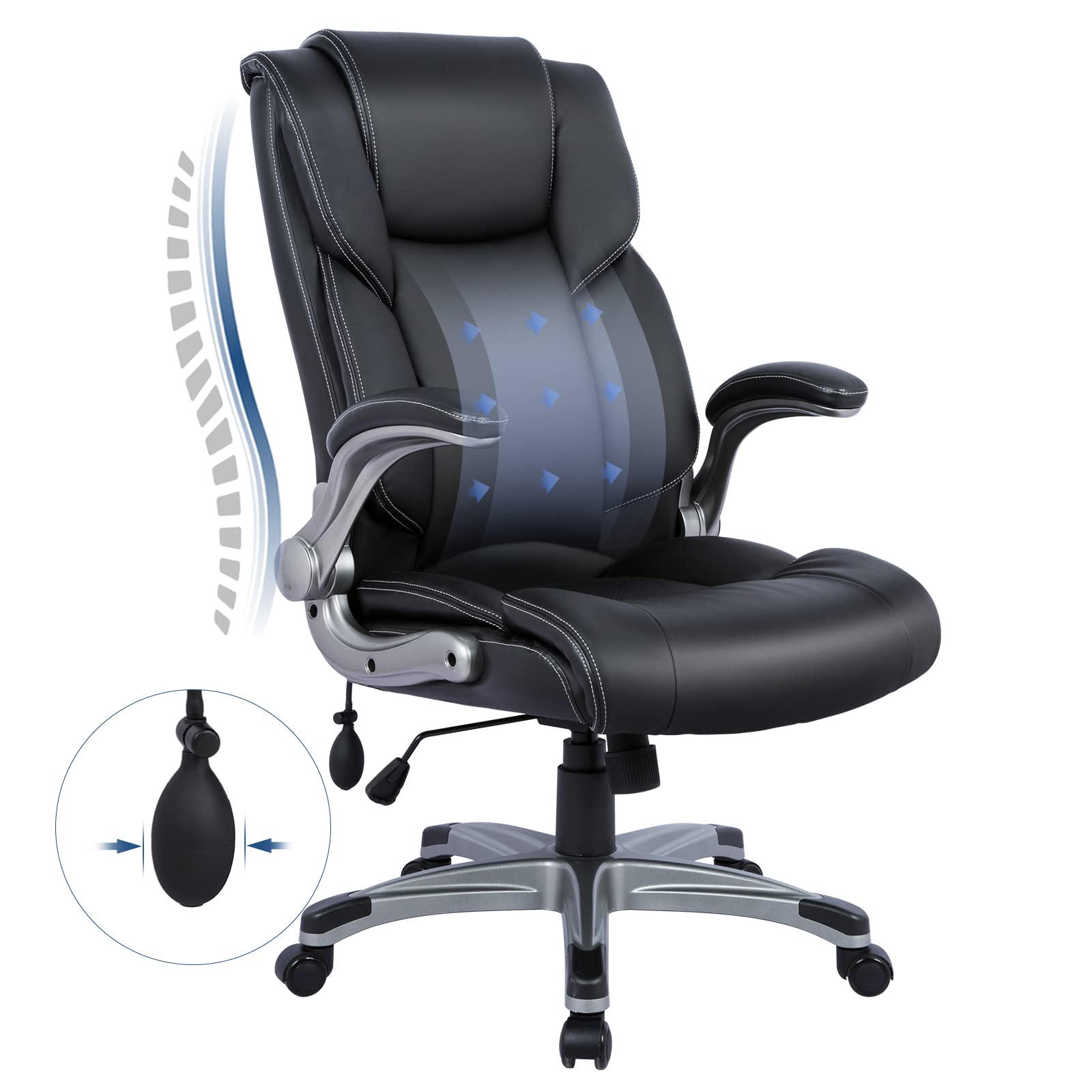 High Back Executive Office Chair, Ergonomic Swivel Desk Chair with Flip-Up Arms & Tilt Lock, Black Leather