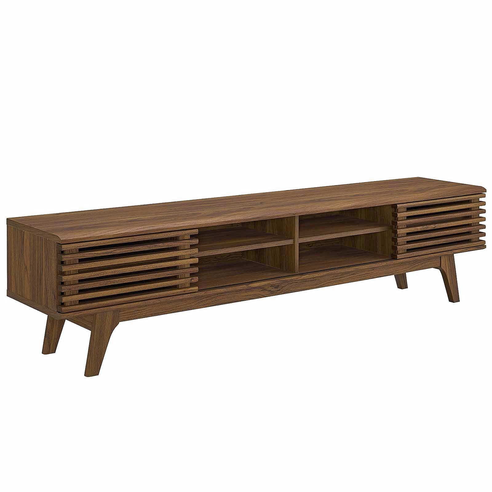 70" Render TV Stand – Walnut Finish Mid-Century Modern Low Profile Console for Living Room Media Setup