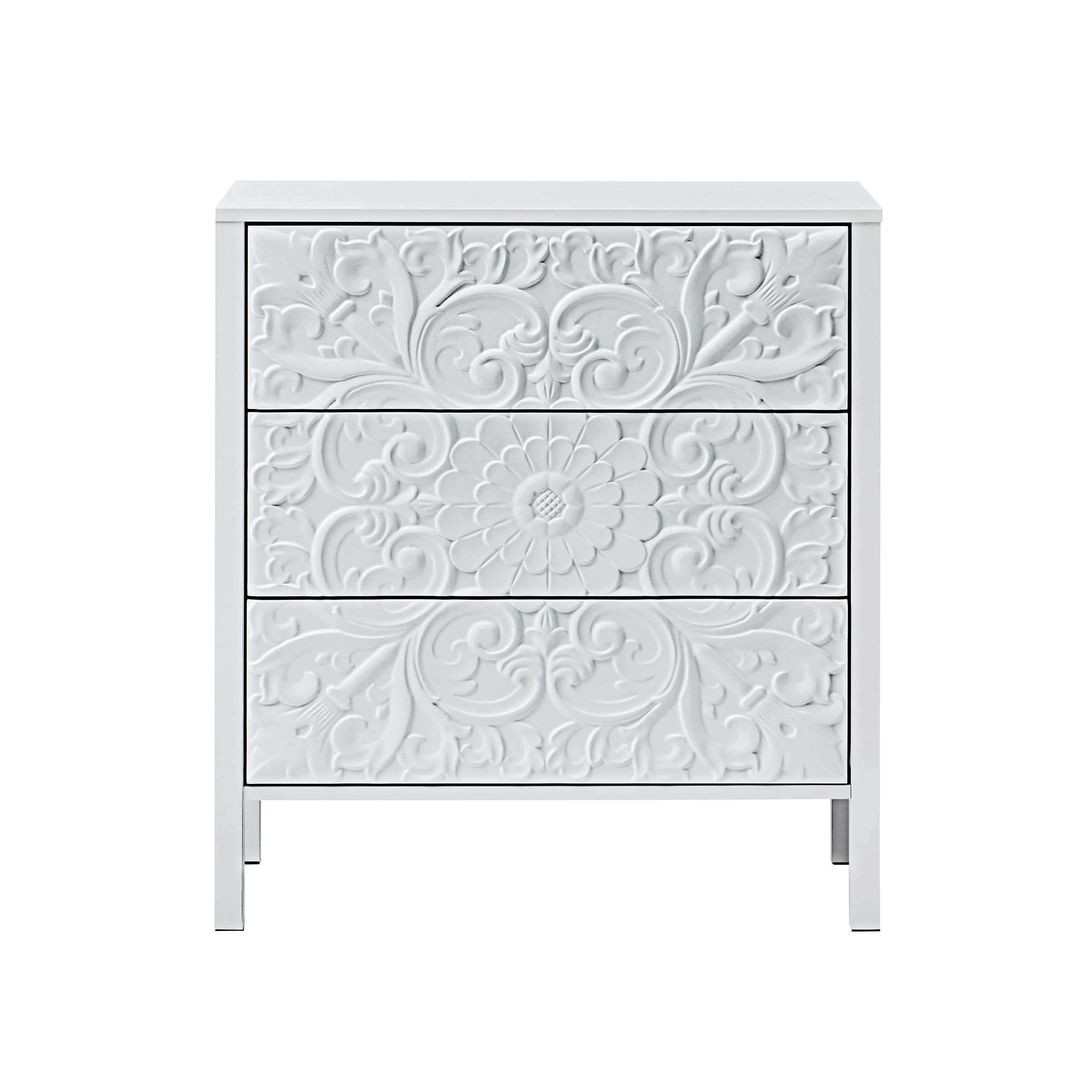 White 3-Drawer Wide Dresser, Carved Nightstand Cabinet with Storage for Bedroom, Hallway, Entryway, Office