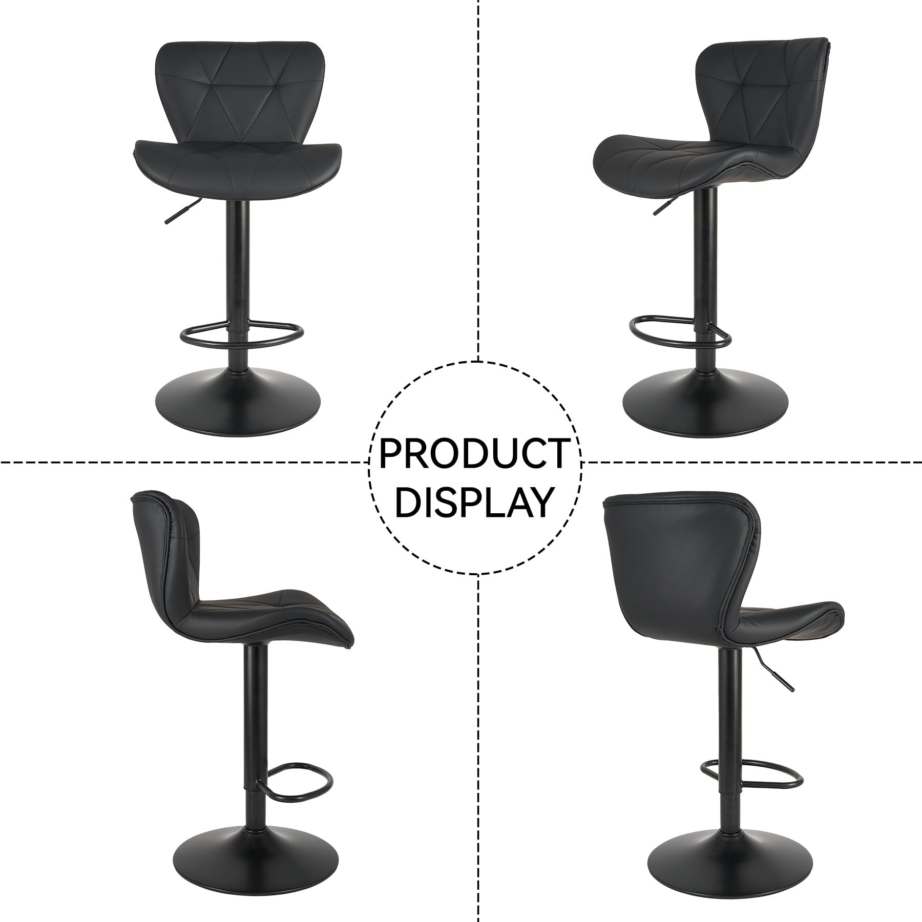 Bar Stools Set of 2, Adjustable Faux Leather Upholstered Swivel Chairs with Back, Counter Height Barstools for Kitchen, Black