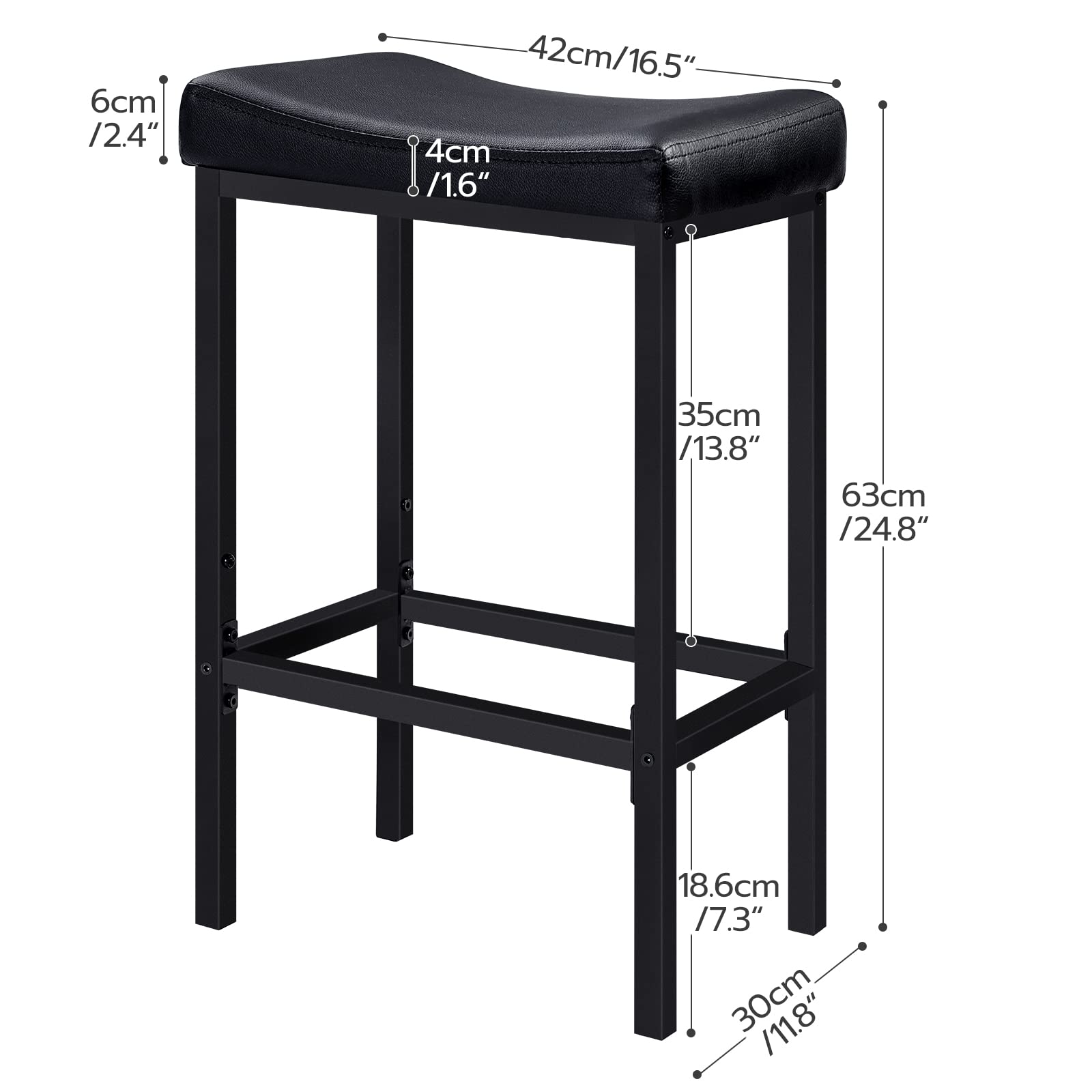 Bar Stools Set of 2, 24.8" Saddle Stools with Curved Seat & 2.4" Cushion, Counter Height Bar Chairs for Kitchen, Cafe, Black