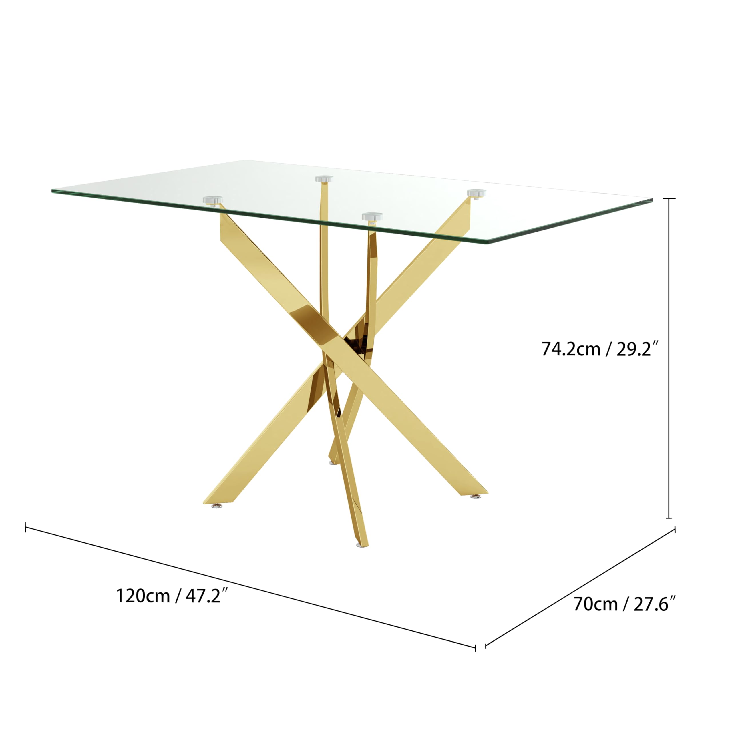 47" Glass Dining Table with Chrome Legs, Modern Rectangular Kitchen Table for Dining Room, Gold Finish