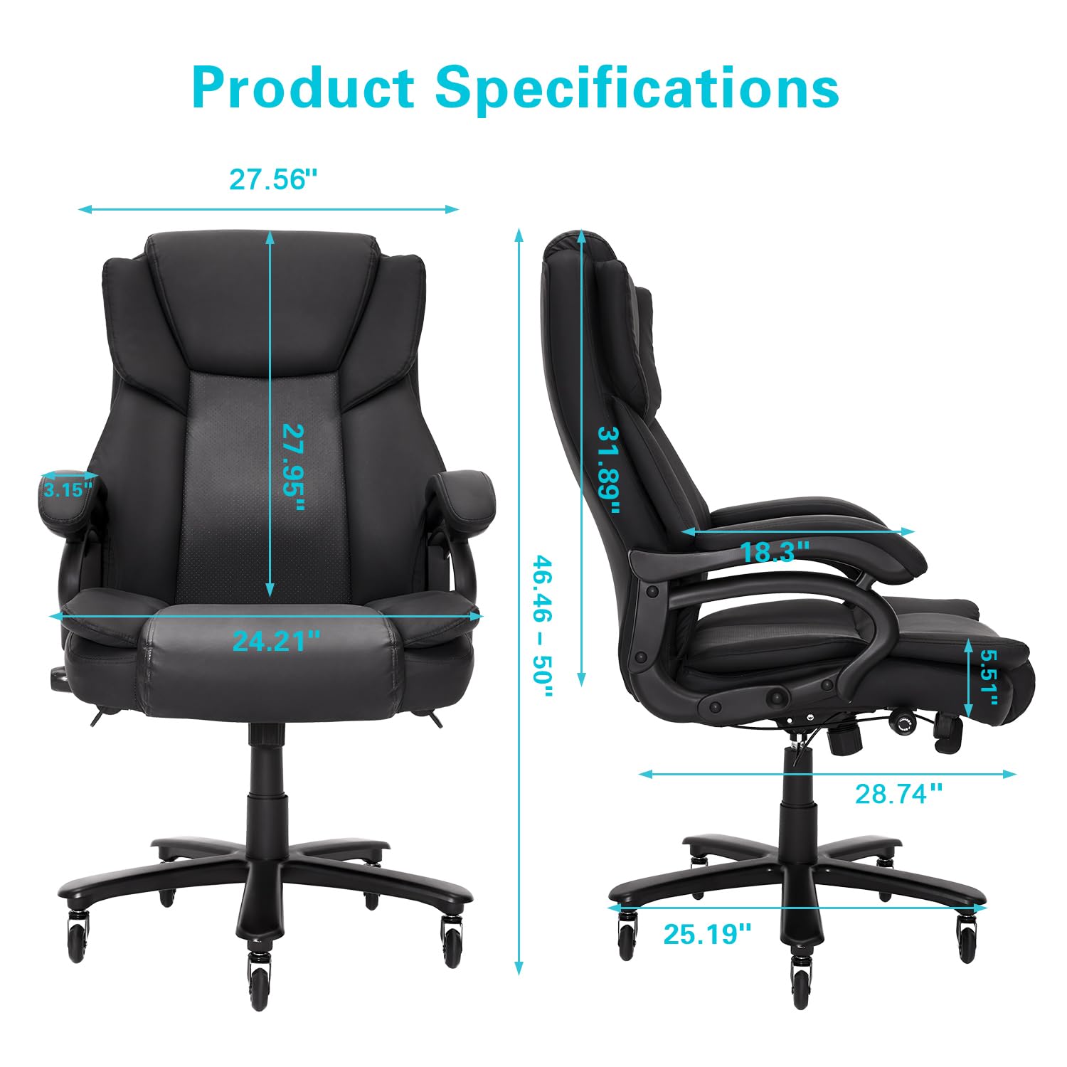 500lbs Big & Tall Office Chair, Heavy Duty High-Back Executive Desk Chair with Lumbar Support & Quiet Wheels