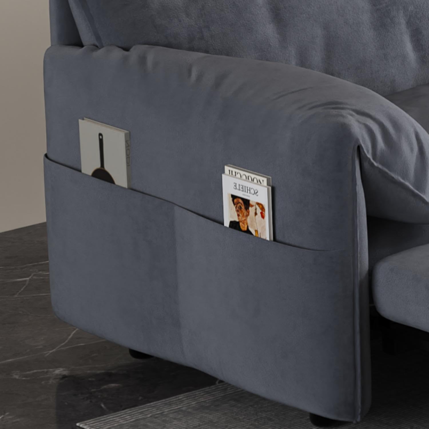 66" Velvet Sleeper Sofa Bed with Comfy Armrest & Side Pockets, Pull-Out Couch Chaise Lounge for RV, Grey