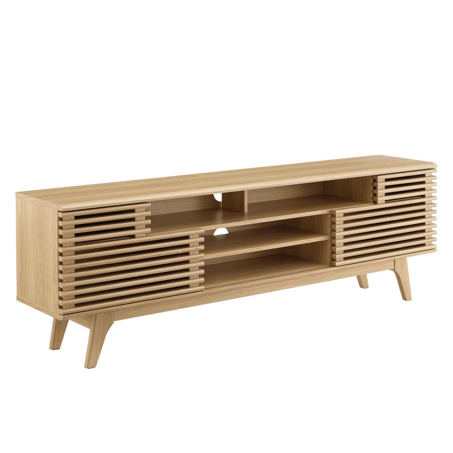 71" Mid-Century TV Stand – Low Profile Oak Wood Media Console with Open Storage for Living Room