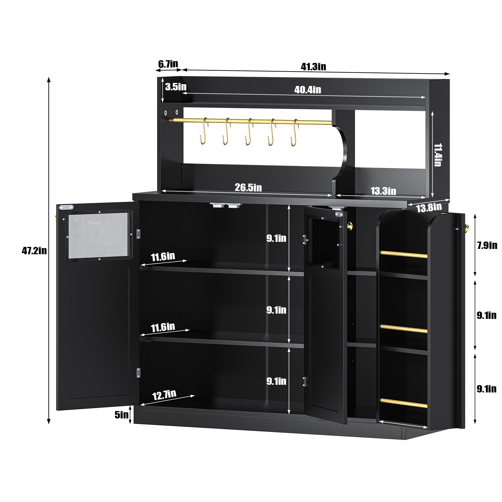 48'' Tall Sideboard Cabinet with 3 Doors & 5-Tier Shelf, Black Coffee Bar Buffet Storage Cabinet with Hooks for Dining