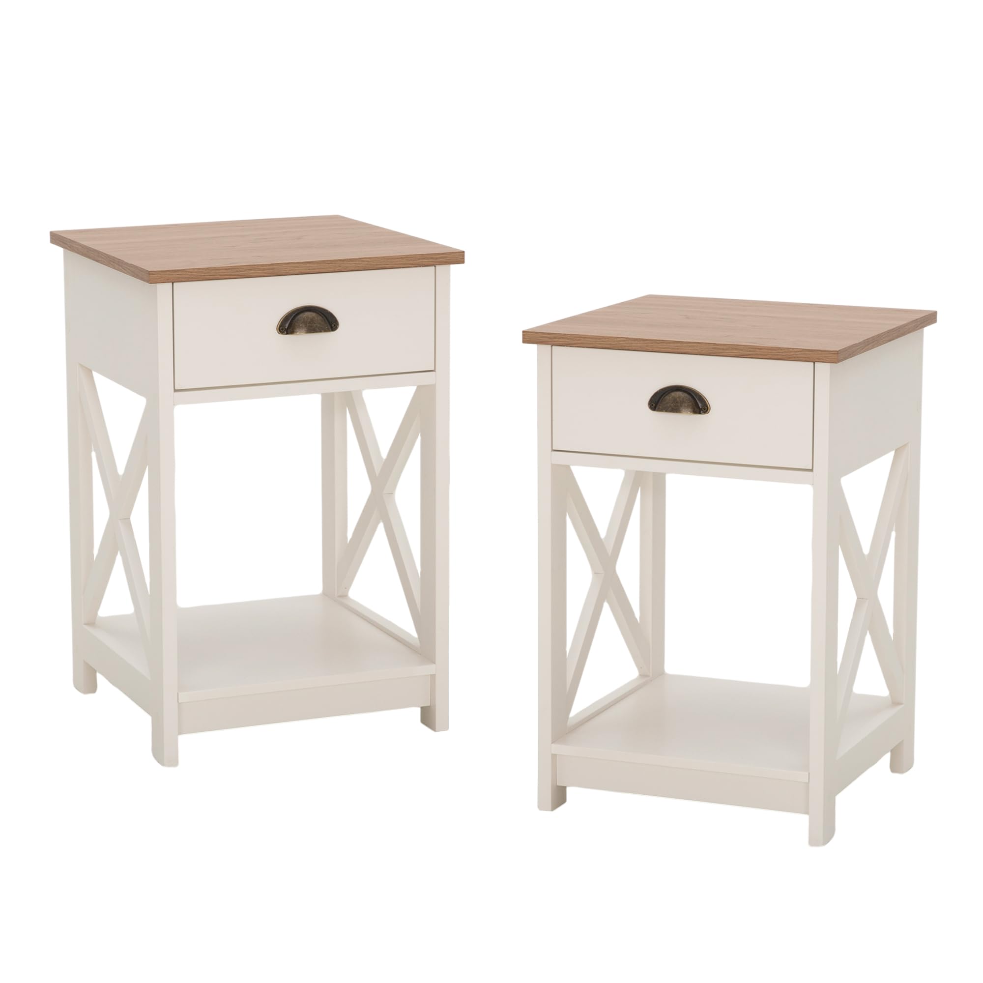 Ivory White Farmhouse End Table Set of 2, Small Bedside Tables for Bedroom or Living Room Use