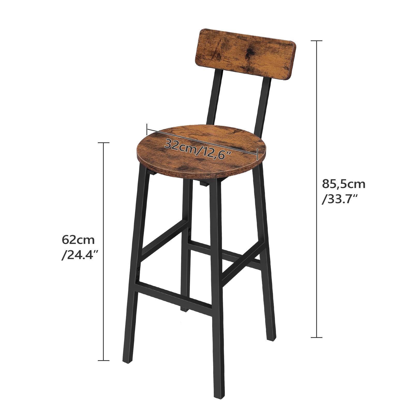 Bar Stools Set of 2, 24.4" Round Bar Chairs with Backrest & Footrest, Adjustable Feet, Rustic Brown for Kitchen, Living Room, Pub