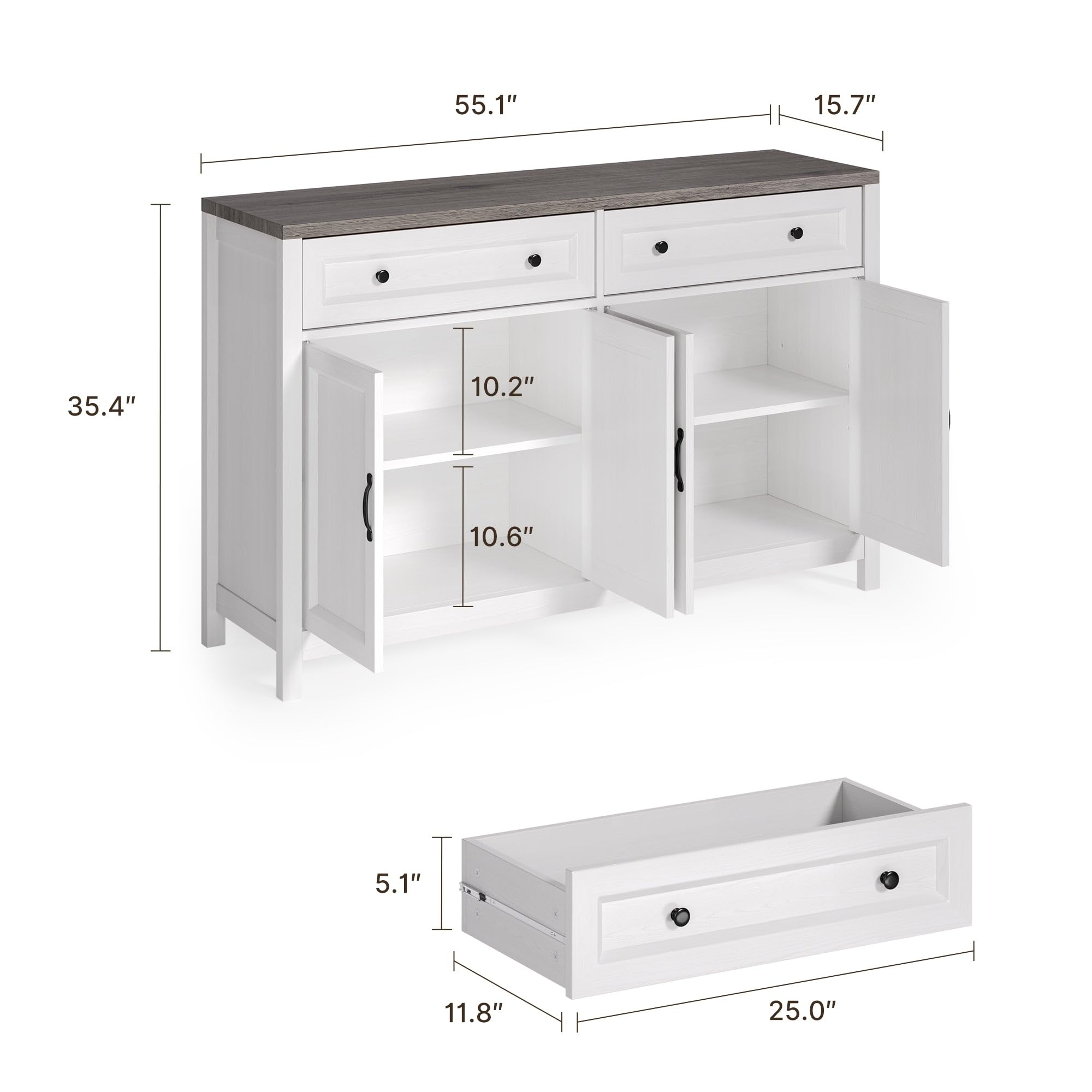 Farmhouse Sideboard Buffet Cabinet with Storage, White/Rustic Brown Coffee Bar with Drawers & Doors for Dining Room