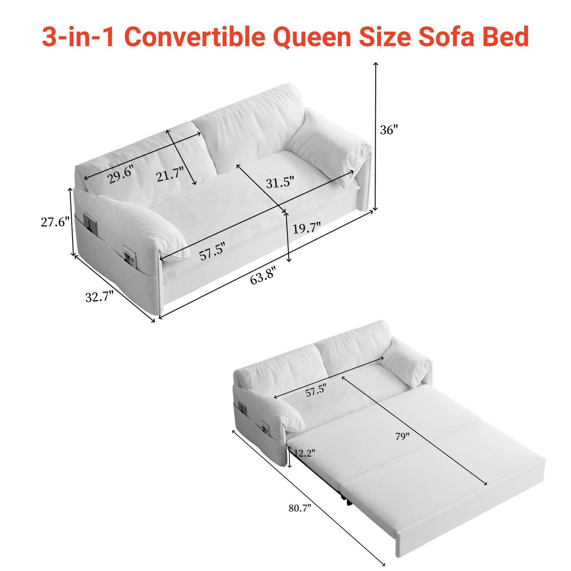 66" Velvet Sleeper Sofa Bed with Comfy Armrest & Side Pockets, Pull-Out Couch Chaise Lounge for RV, Grey