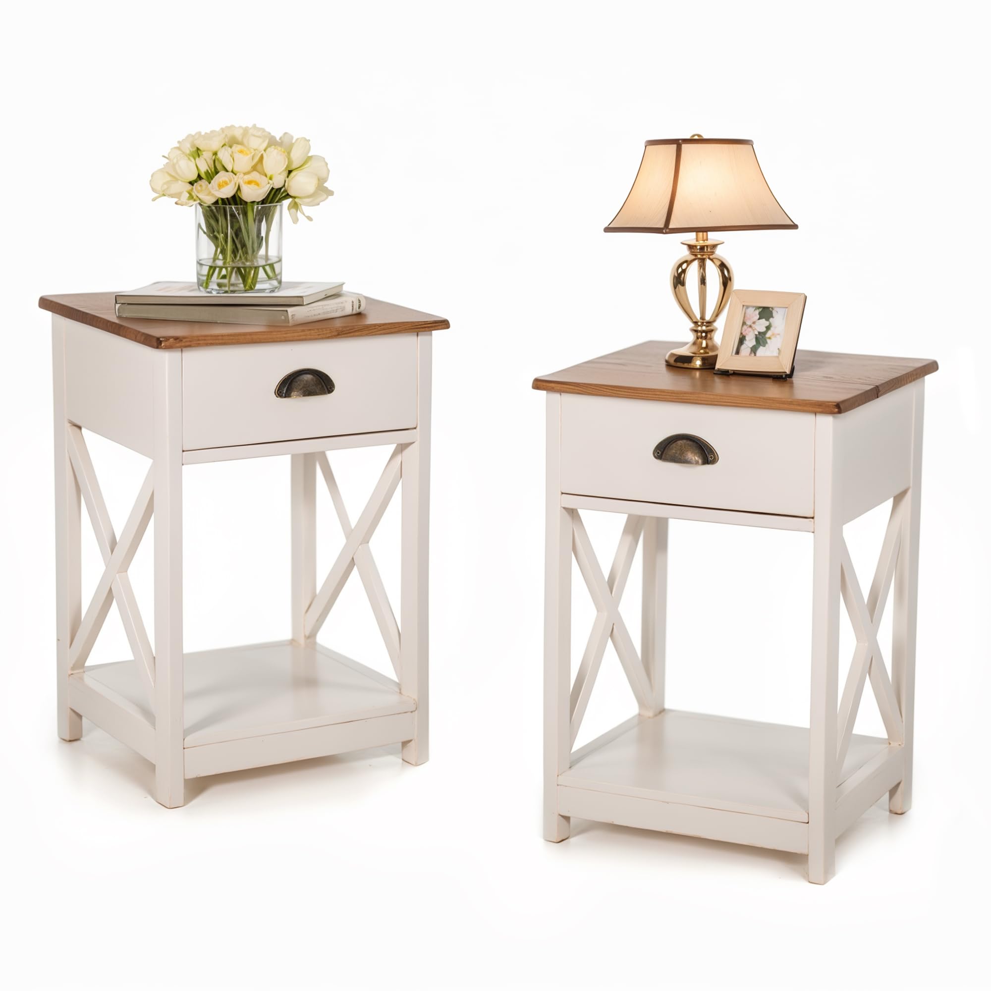Ivory White Farmhouse End Table Set of 2, Small Bedside Tables for Bedroom or Living Room Use