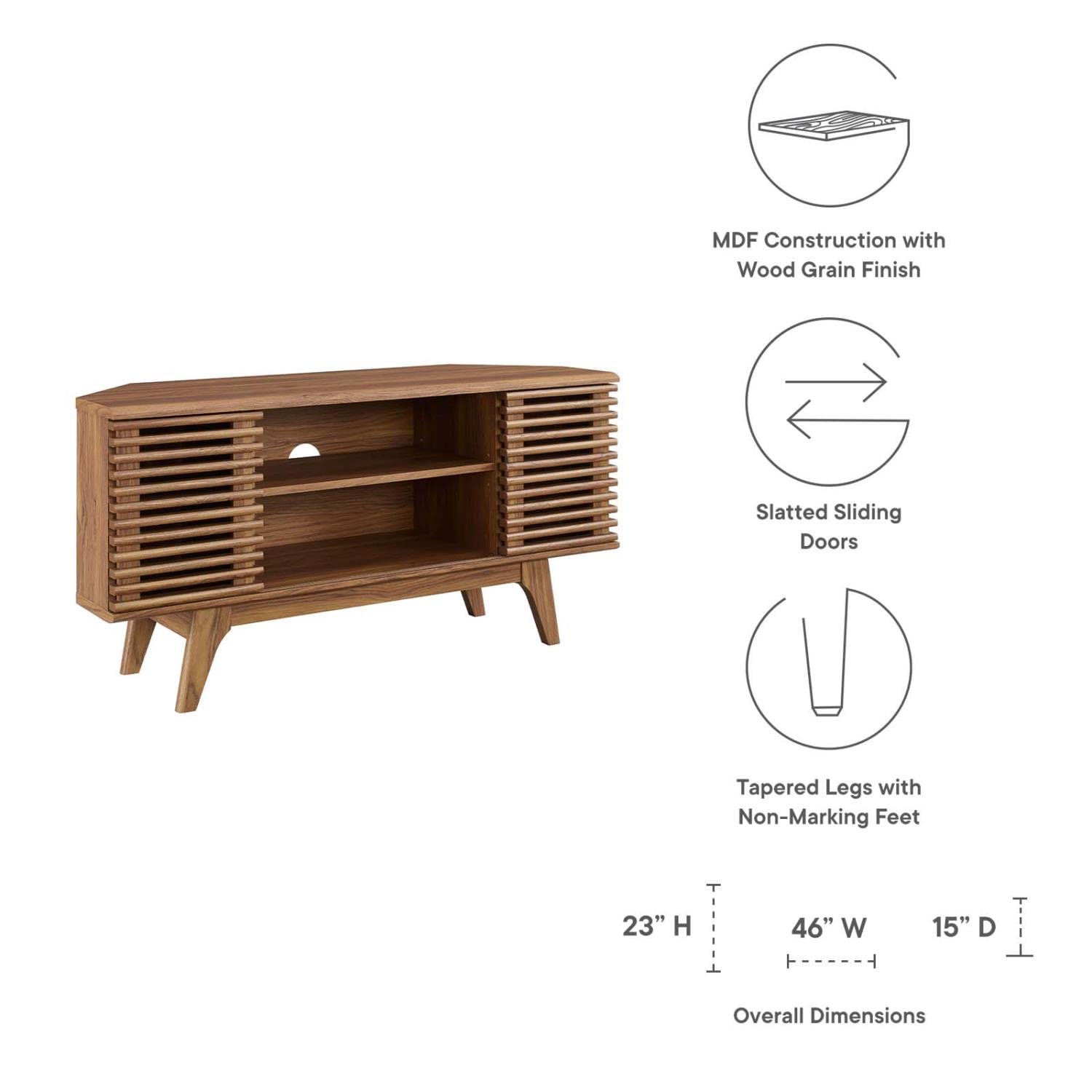 Mid-Century Low Profile TV Stand – 46" Wide Corner Entertainment Console in Walnut Finish for Small Spaces