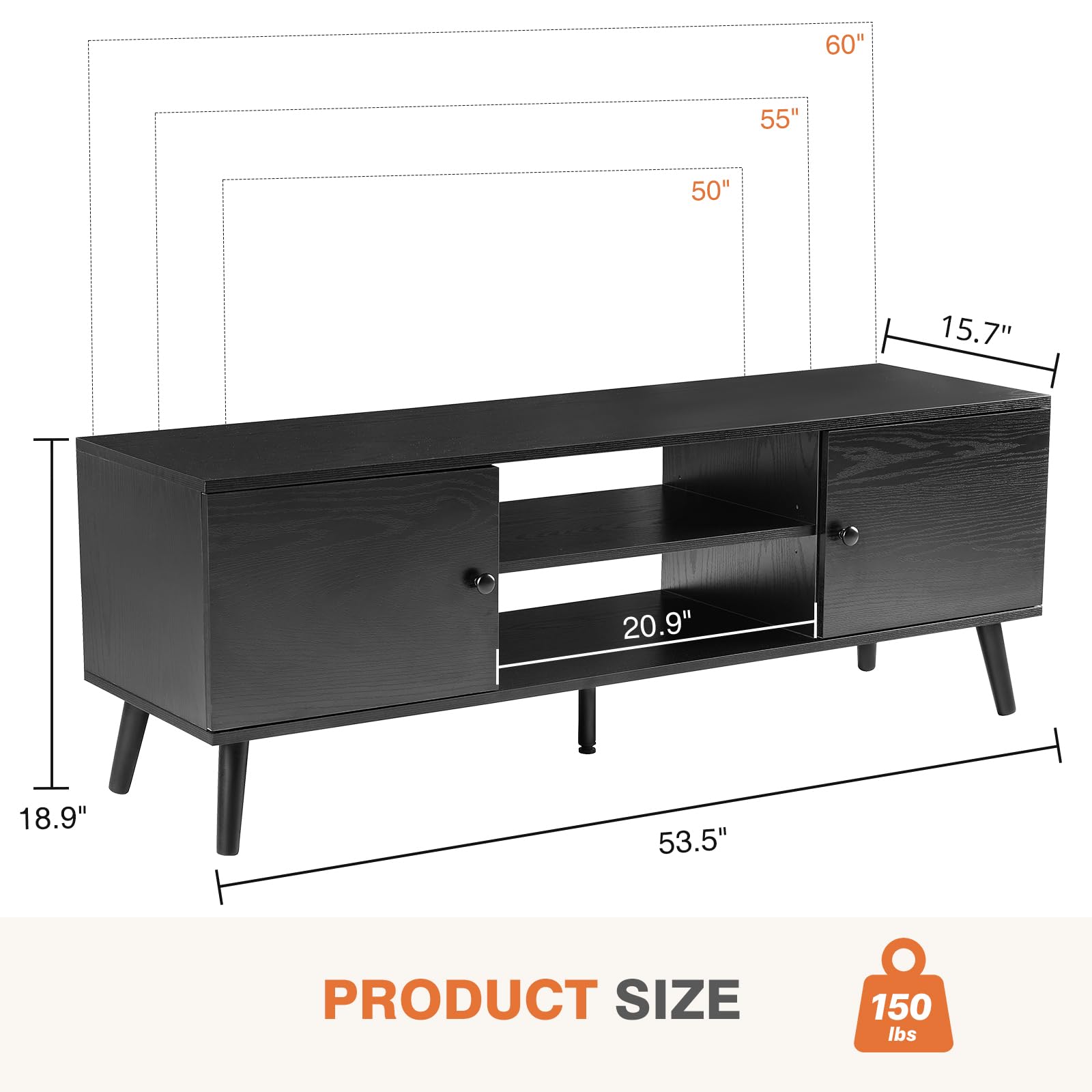 TV Stand for 55–60" TVs – Mid-Century Modern Entertainment Console with Cabinets, Storage, Soft Hinges, Black Finish