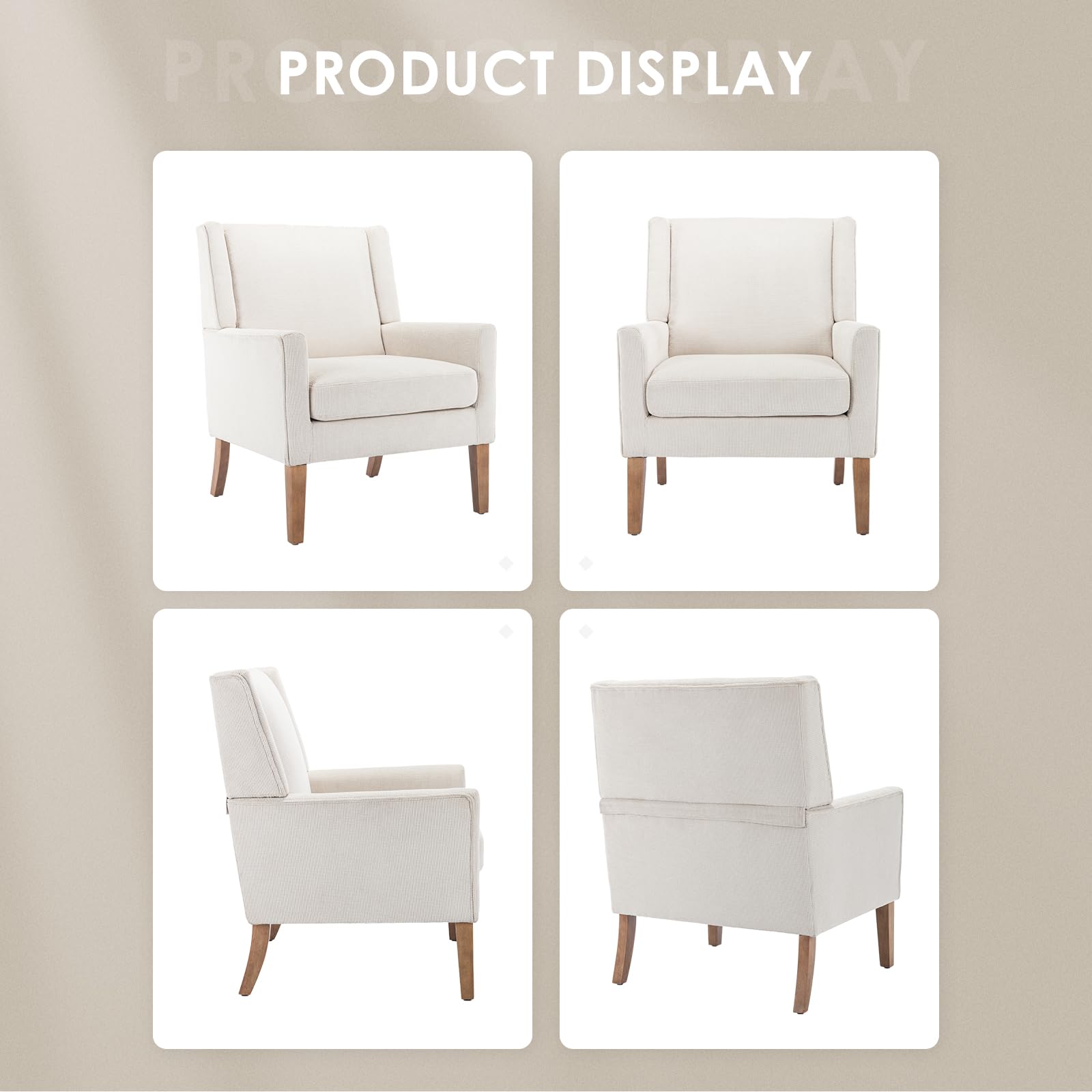 Modern Wingback Accent Chair, Upholstered Fabric Armchair with Lounge Seat & Wood Legs for Living Room, Beige