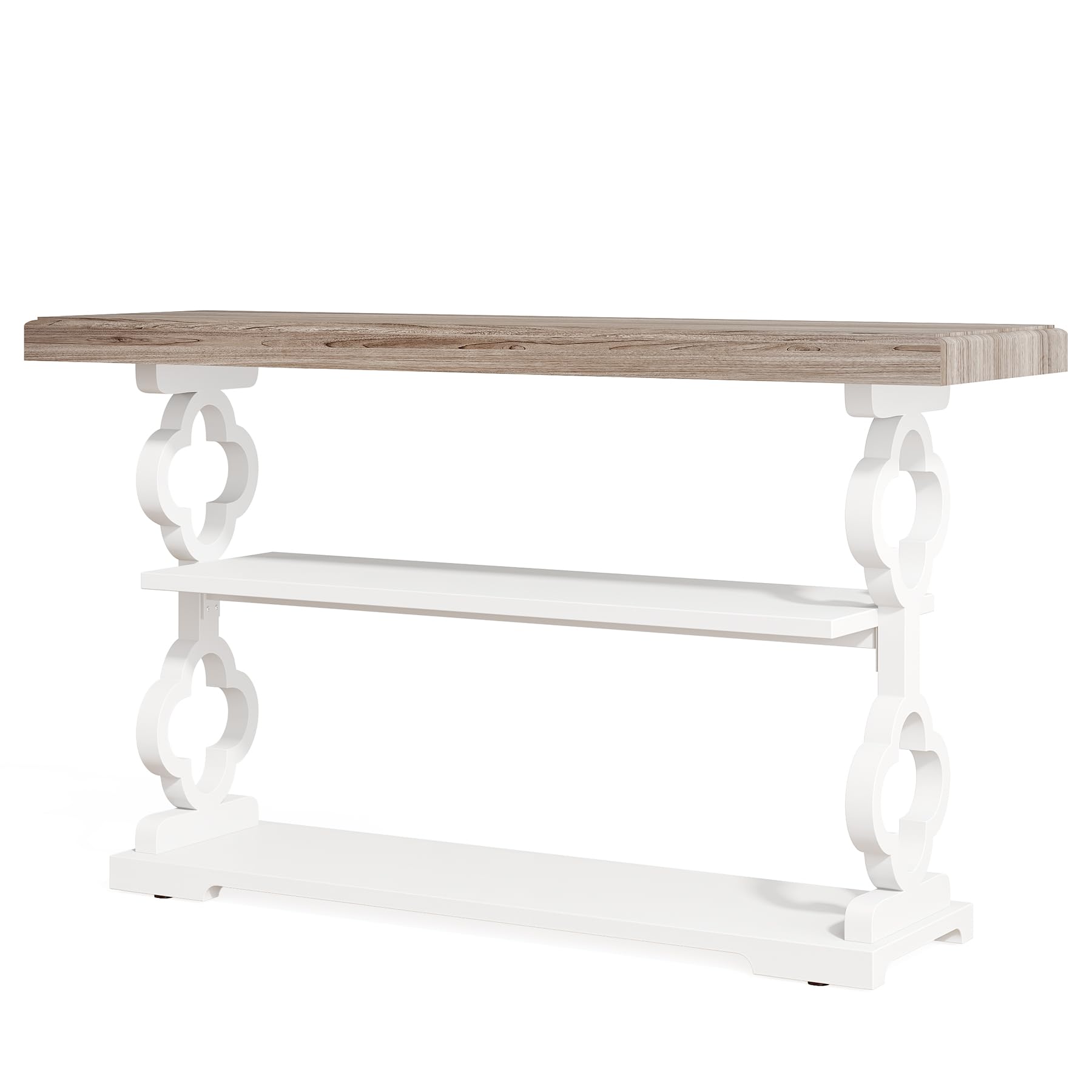 55" Farmhouse Console Table – Grey & White Wood Sofa Table with Storage Shelves for Entryway, Foyer or Living Room