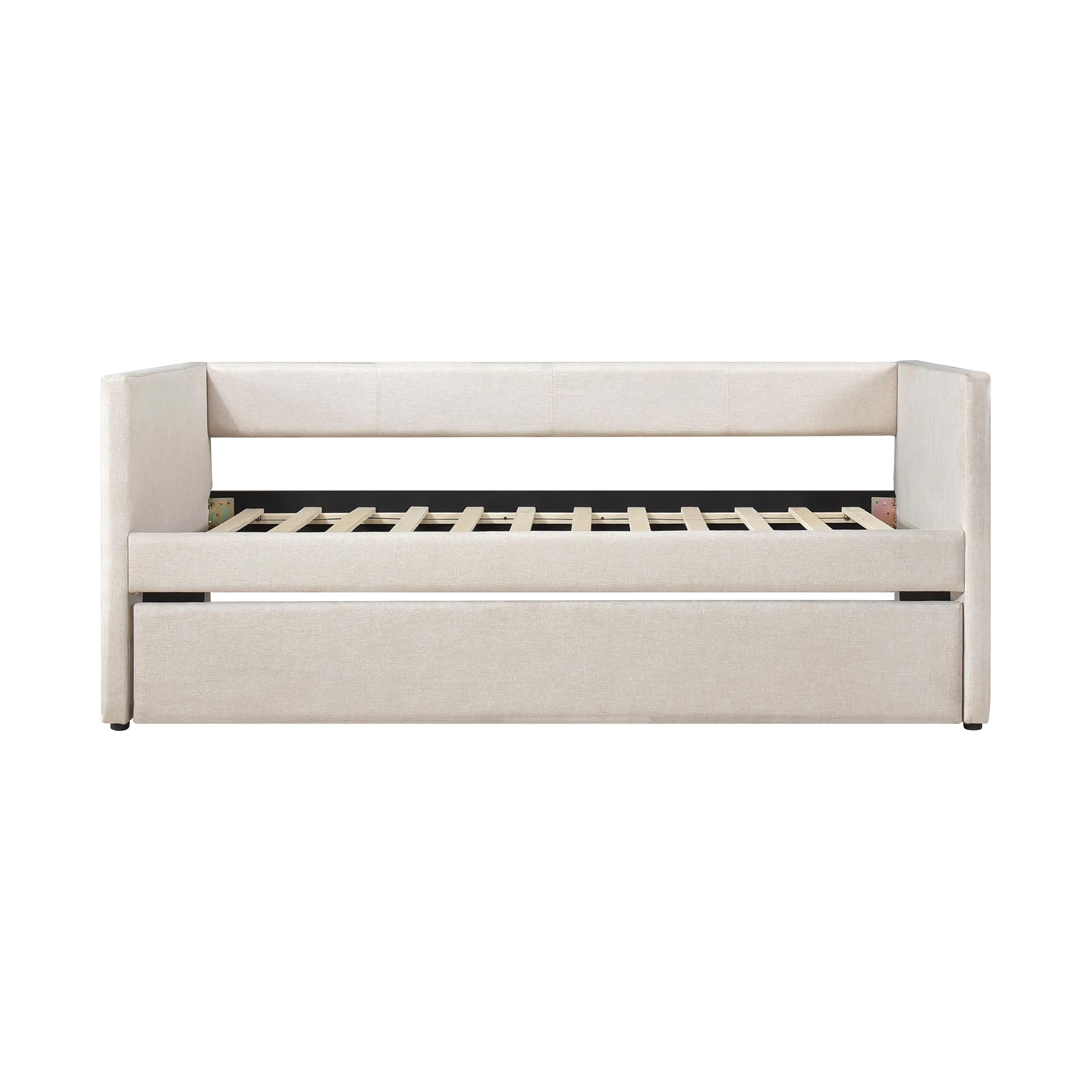Upholstered Twin Daybed with Trundle – Beige Sofa Bed with Wood Slats for Bedroom, Guest Room, No Box Spring Needed