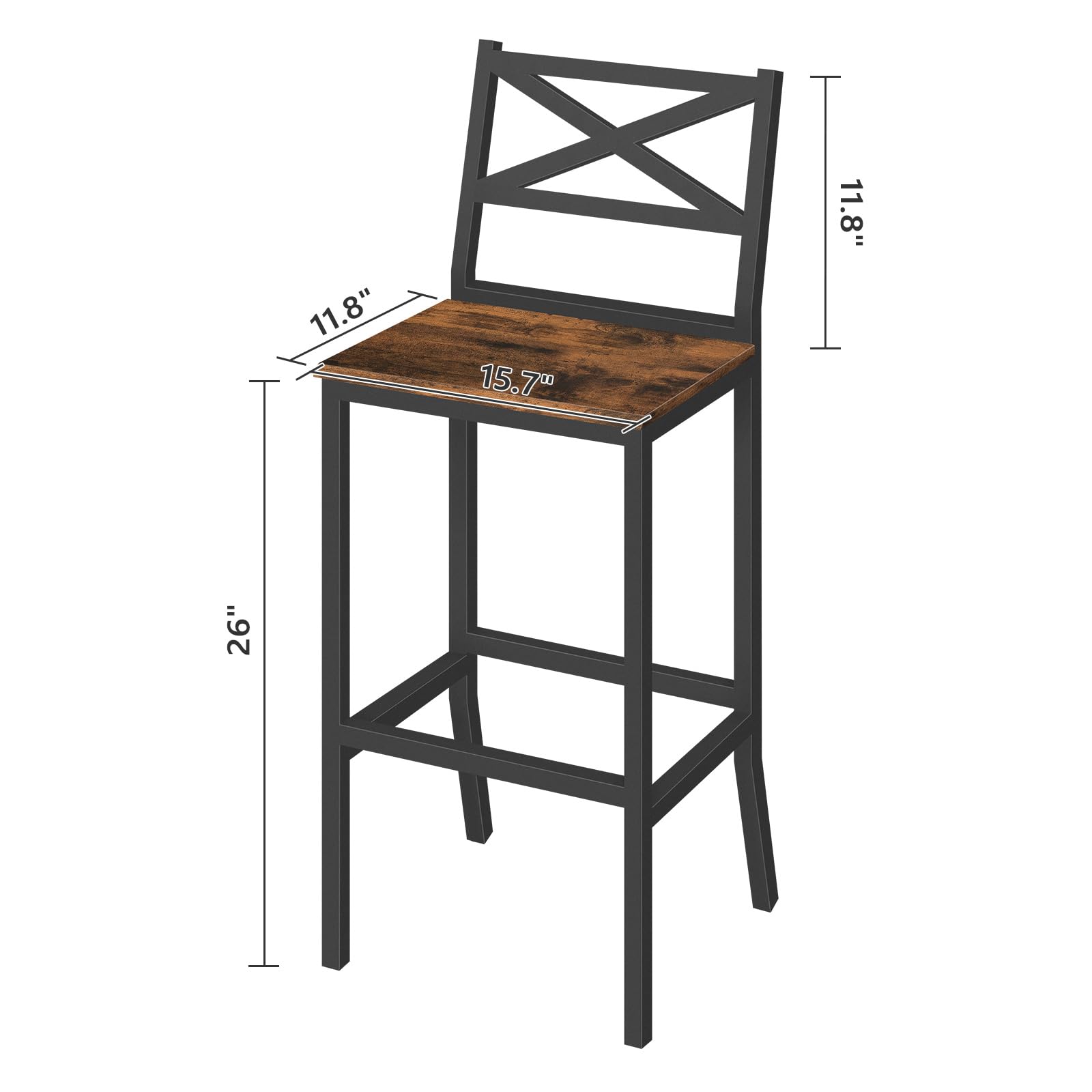 Bar Stools Set of 2, 26" Counter Height Chairs with Backrest & Footrest, Easy Assembly Kitchen Breakfast Bar Chairs, Rustic Brown