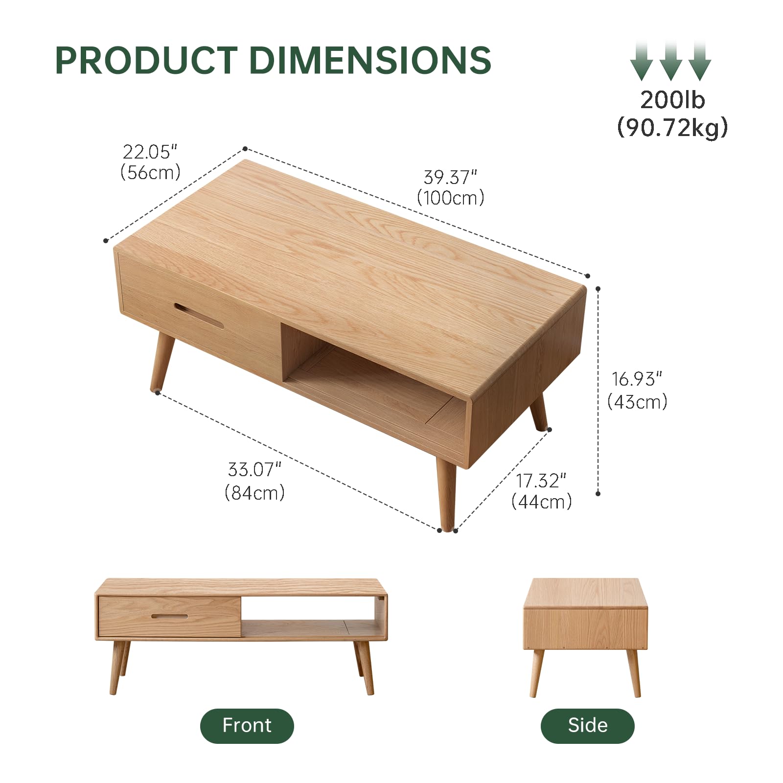 39.37'' Solid Wood Coffee Table, Mid-Century Modern Living Room Table with 2 Drawers & Storage Shelf, Oak Finish