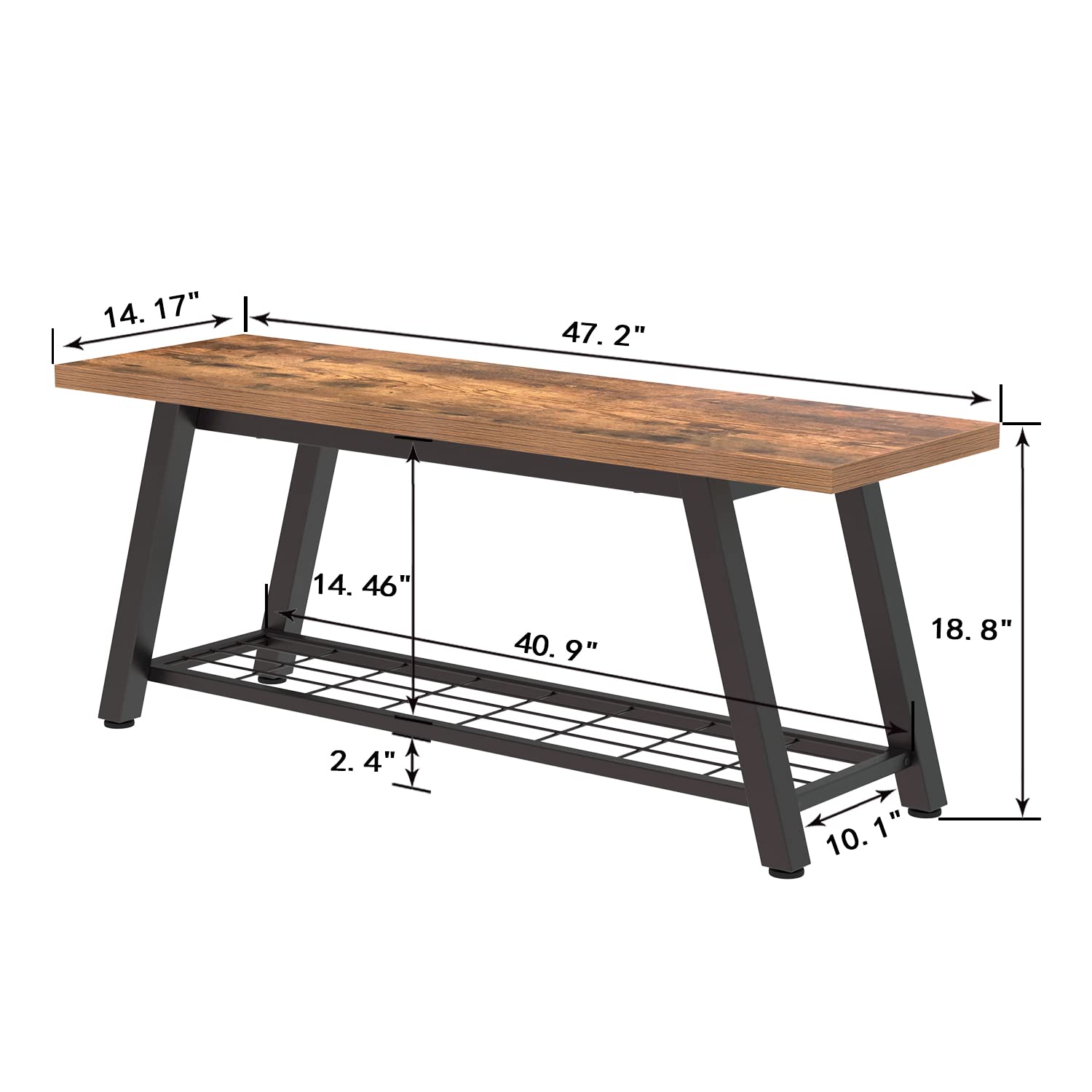 Industrial Rustic Storage Bench, Entryway Long Bench with Metal Frame and Shoe Rack, Retro Brown
