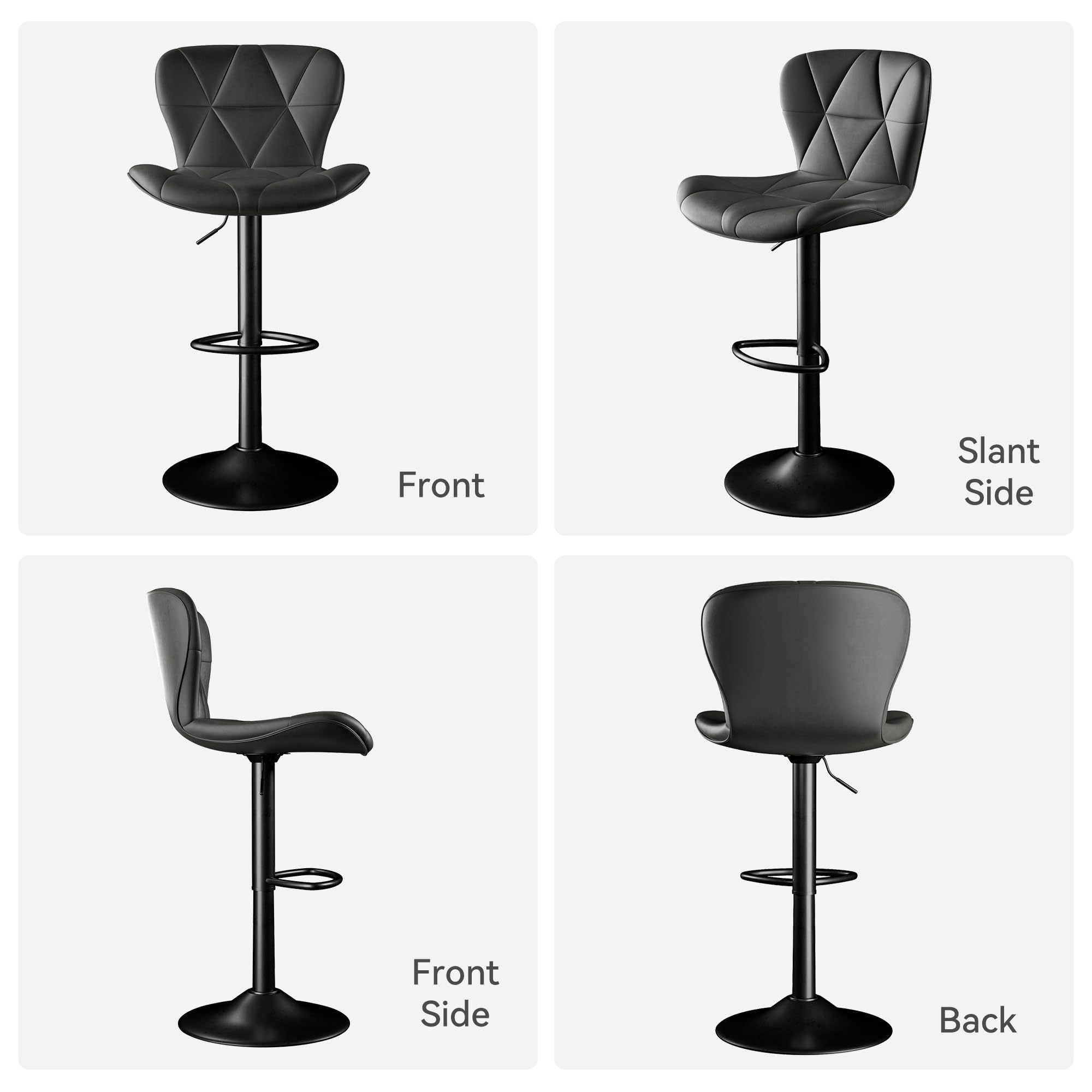 Bar Stools Set of 2, Adjustable Faux Leather Swivel Bar Chairs with High Backrest, Upholstered Counter Seats for Kitchen, Black