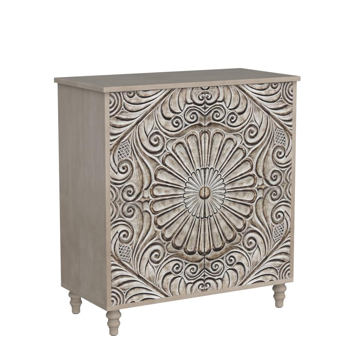 32" Sideboard Buffet Cabinet with Flower Pattern Doors, Vintage Push-to-Open Storage Table for Hallway, Gray