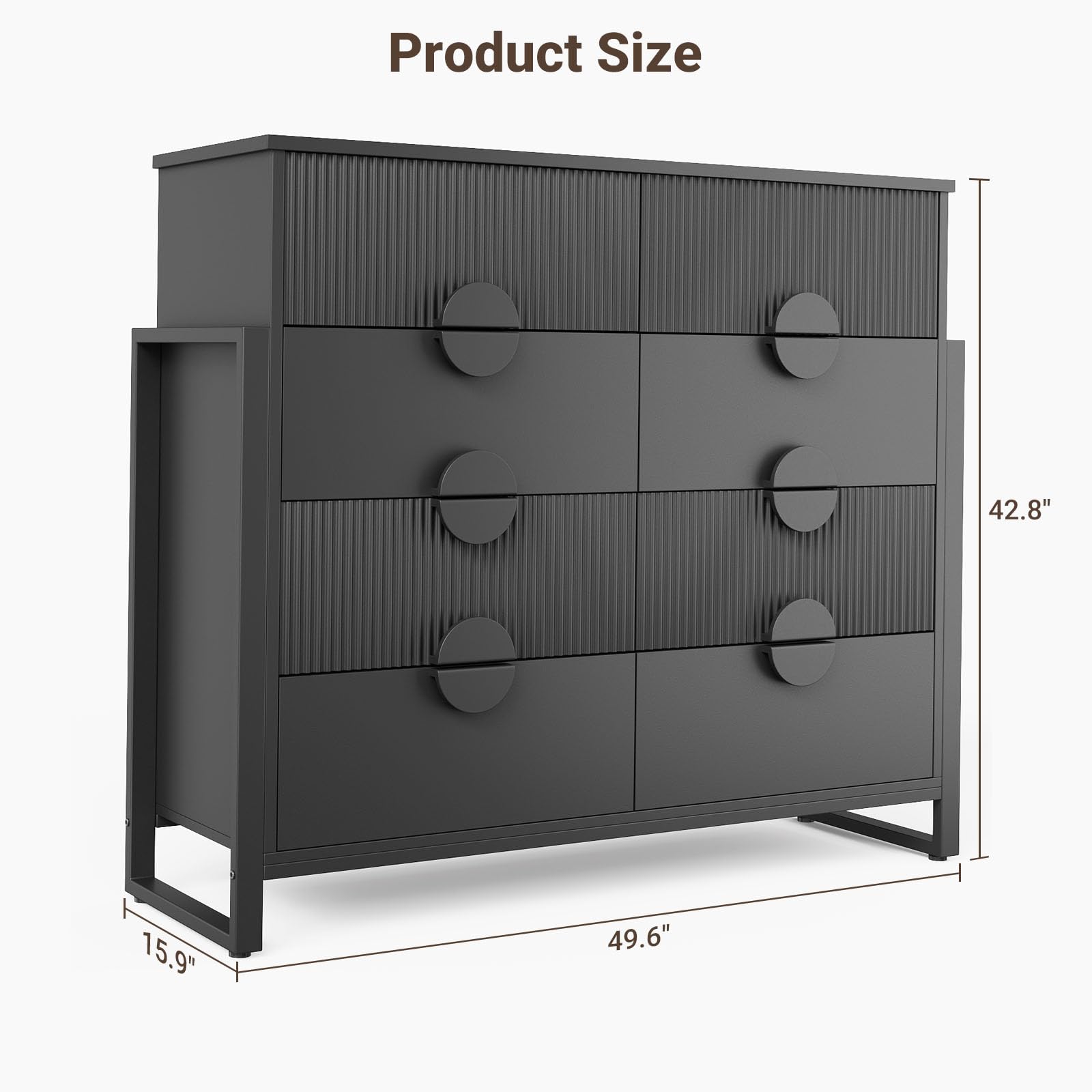 50" Fluted Black Dresser – Modern 8-Drawer Bedroom Chest with Curved Profile, Round Handles & Raised H-Legs