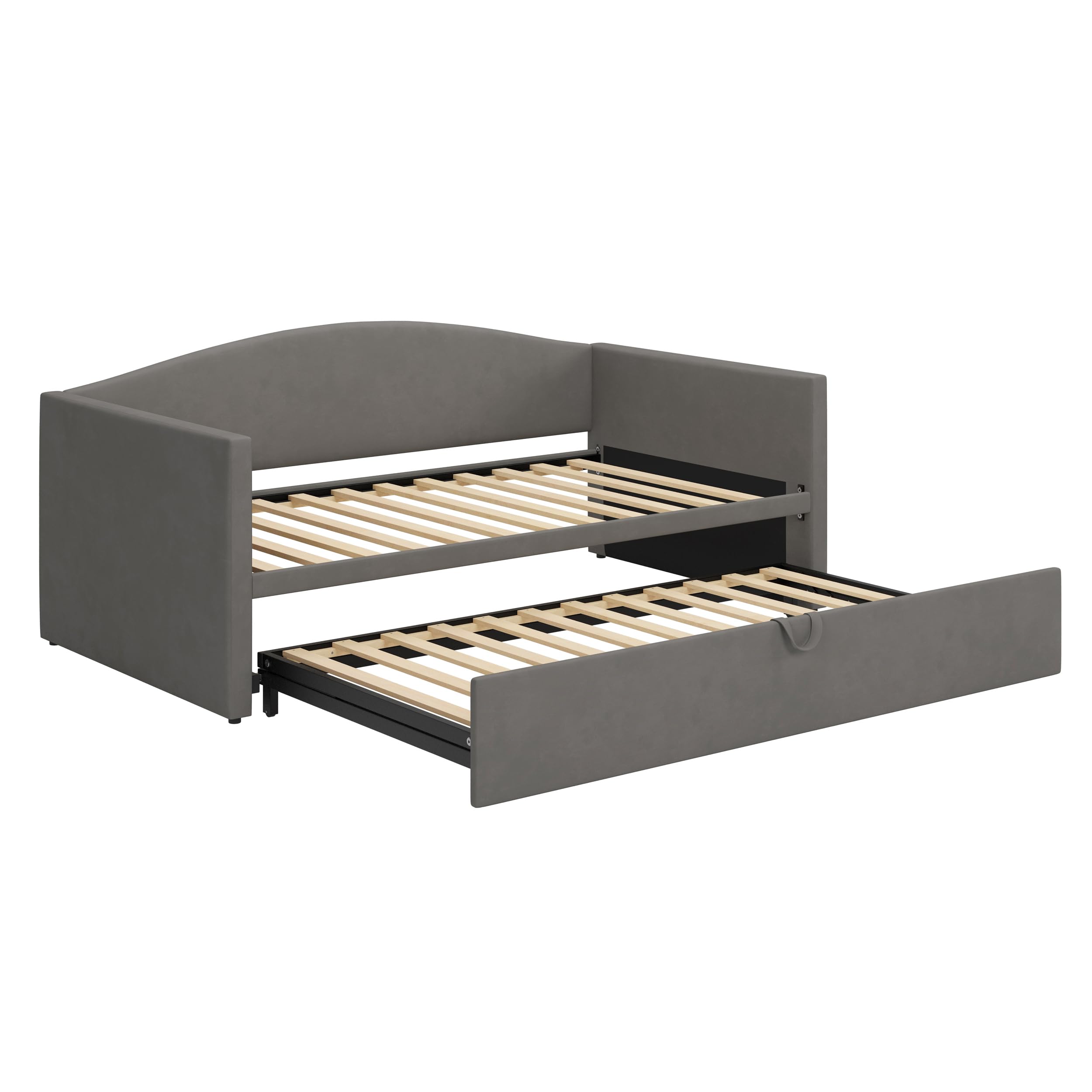 Velvet Twin Daybed – Grey Upholstered Frame with Pop-Up Trundle, Space-Saving Design for Guest Room