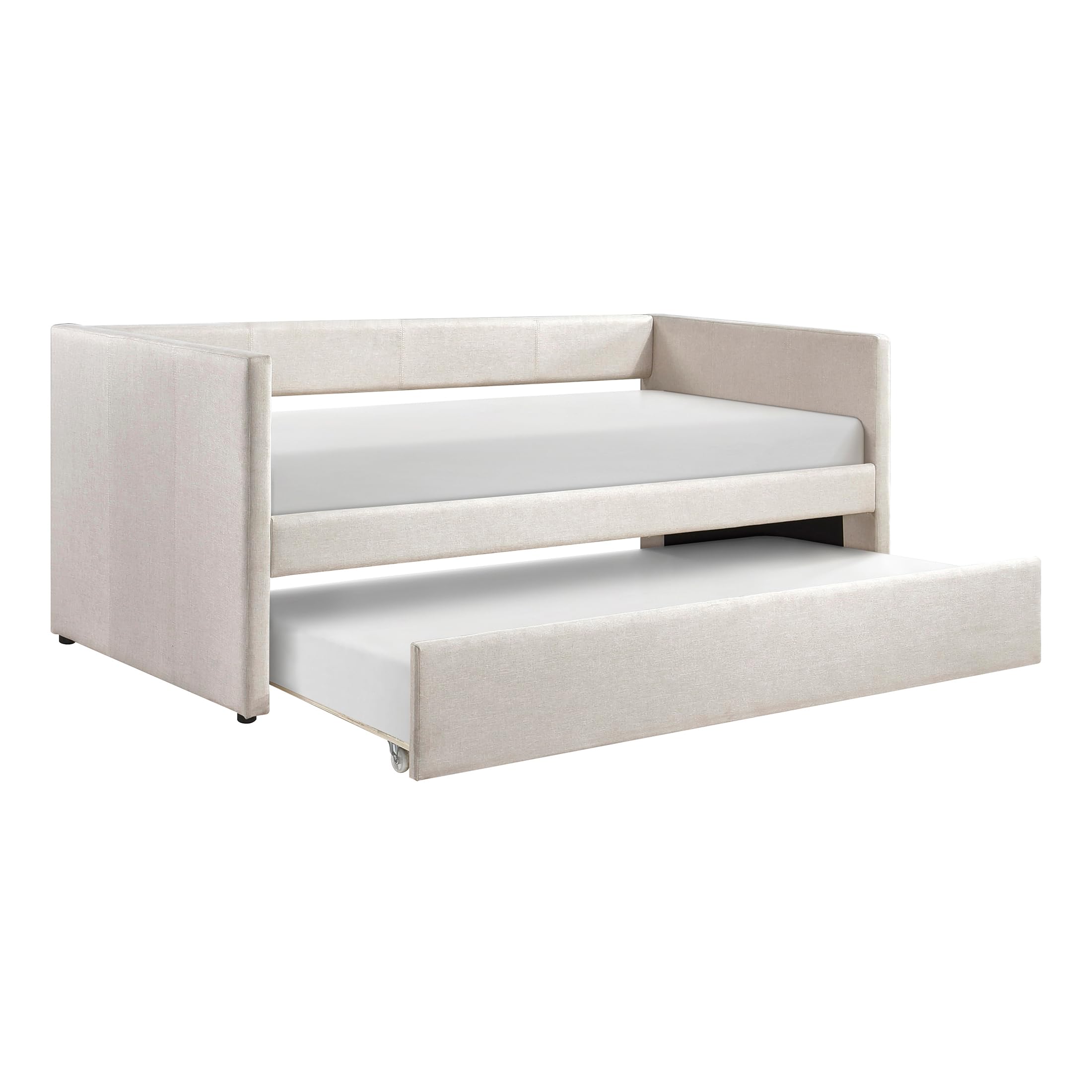 Upholstered Twin Daybed with Trundle – Beige Sofa Bed with Wood Slats for Bedroom, Guest Room, No Box Spring Needed