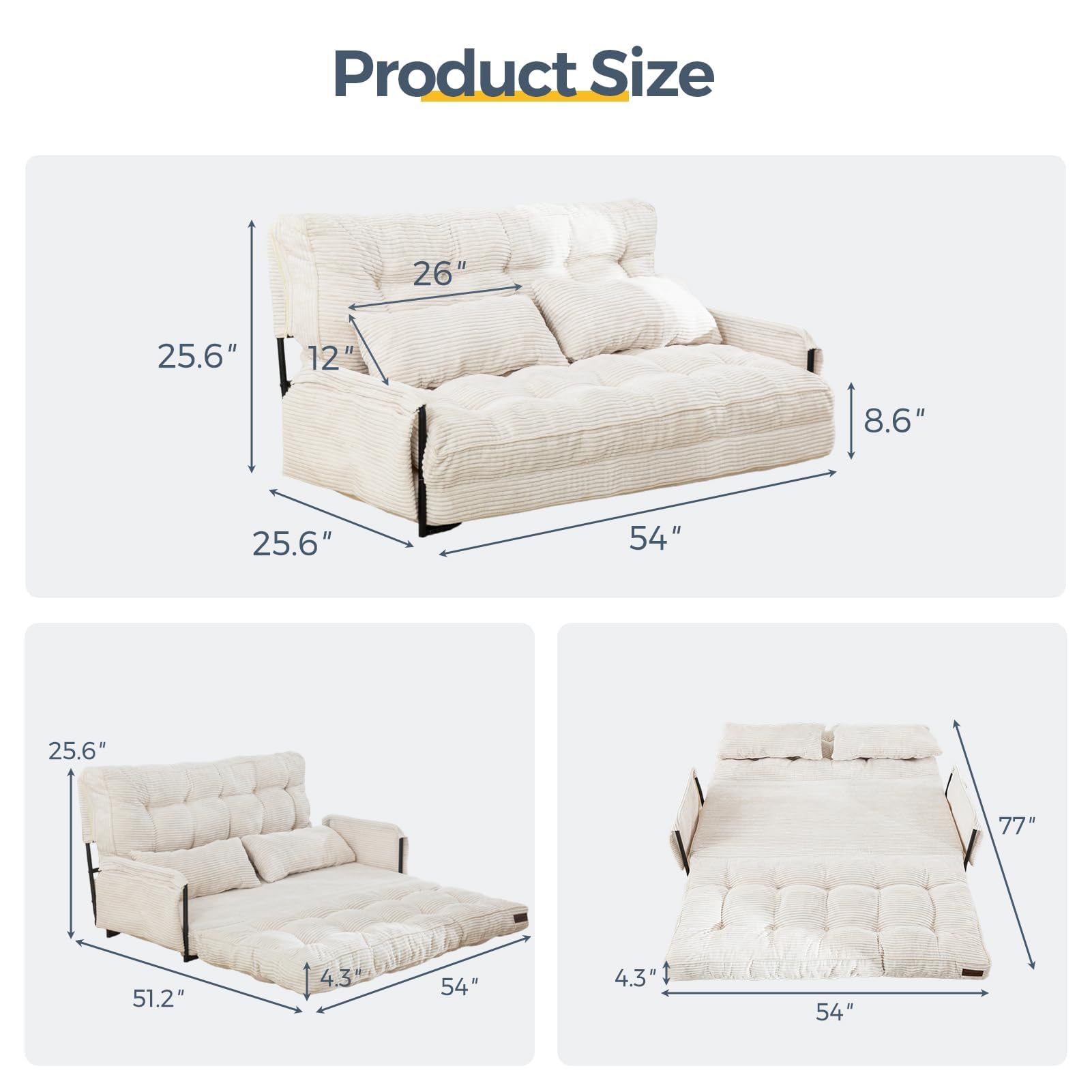 Adjustable Floor Sofa Bed with 2 Pillows, 5-Position Foldable Bean Bag Couch, Sleeper for Gaming, Reading, Beige