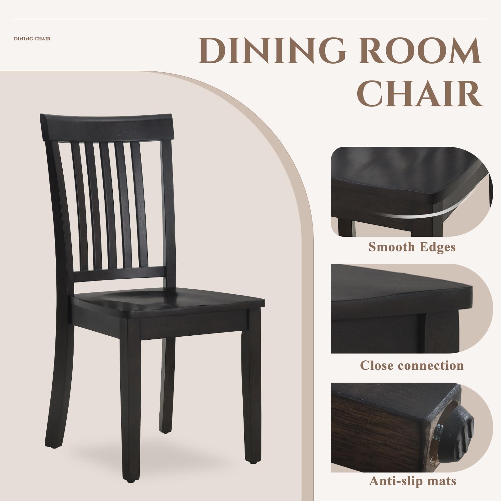 Set of 6 Windsor Spindle Back Dining Chairs, Farmhouse Wooden Side Chairs for Kitchen, Dark Brown