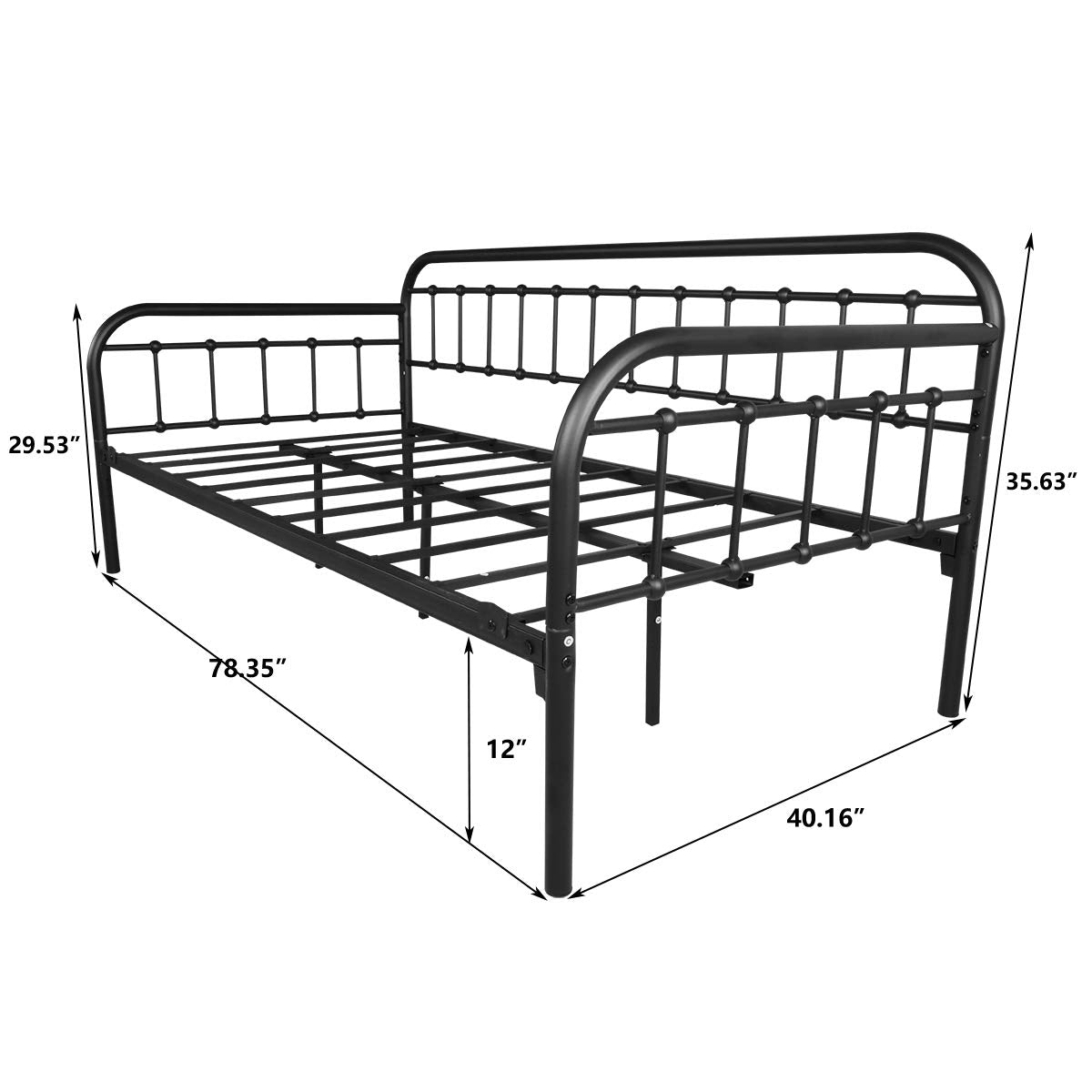 Metal Twin Daybed Frame – Black Sanded Platform Sofa Bed with Heavy-Duty Steel Slats for Bedroom or Guest Room