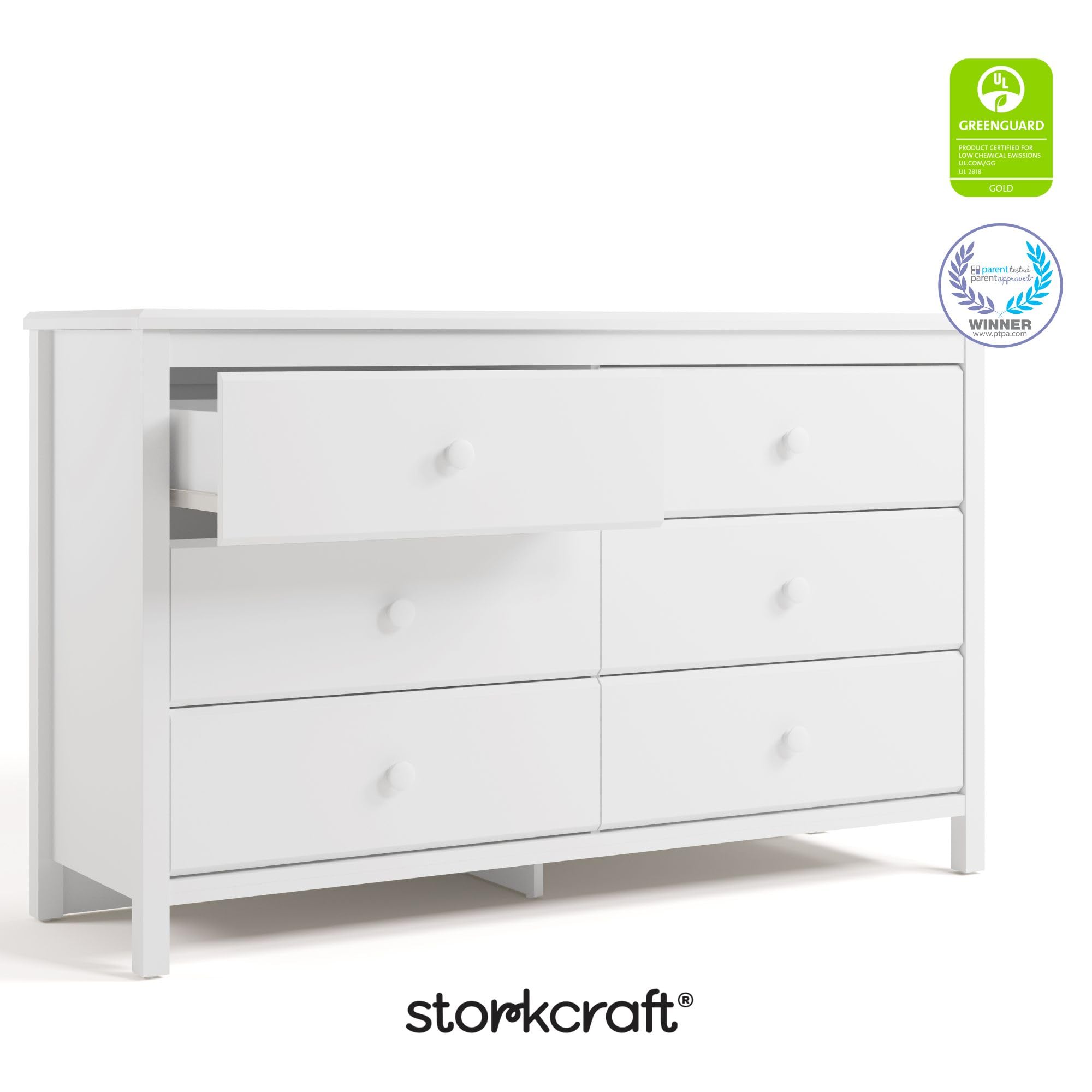 Alpine 6-Drawer Dresser – White Double Chest, GREENGUARD Certified Nursery Storage for Kids or Bedroom