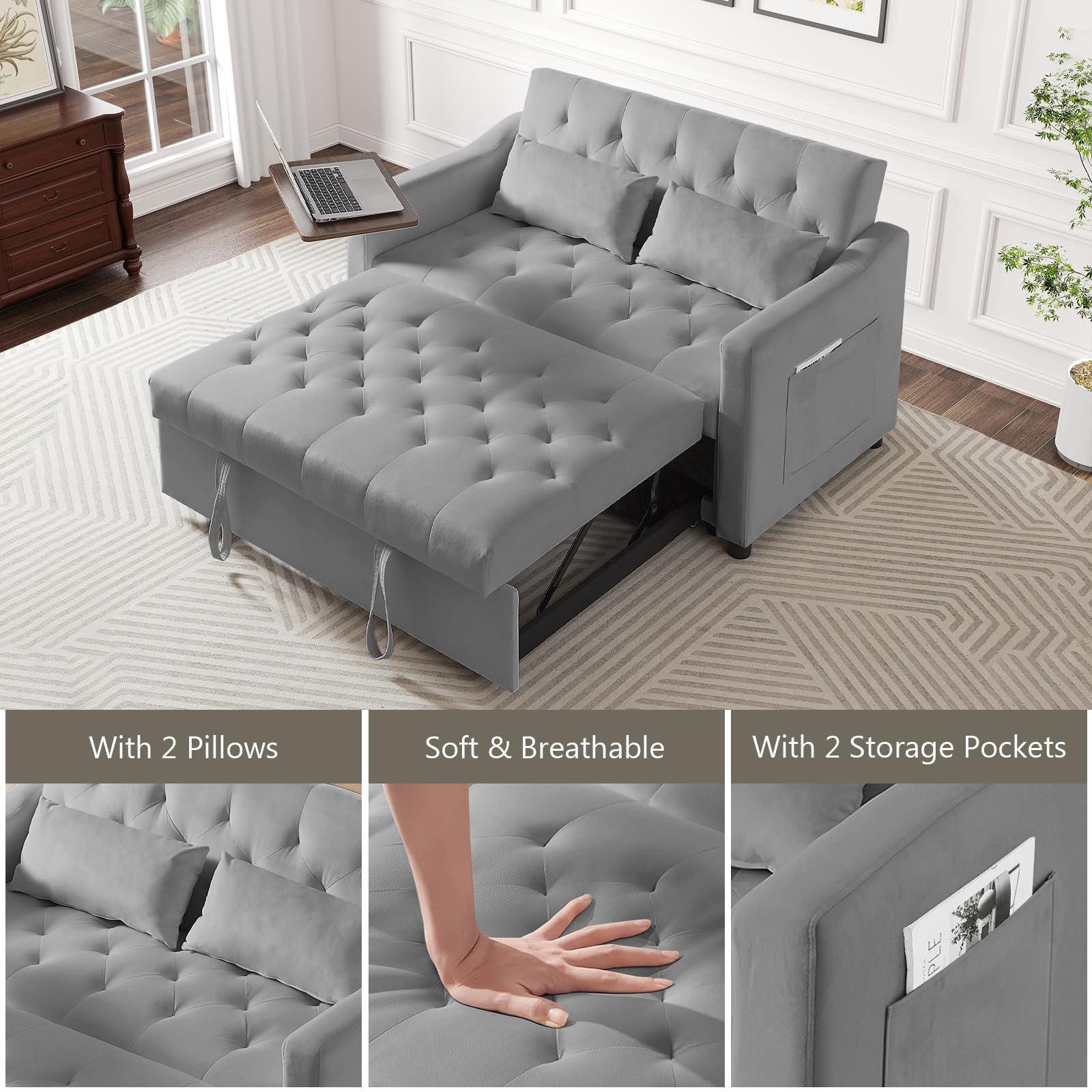 3-in-1 Convertible Sleeper Loveseat Sofa Bed with Pull-Out Couch, Adjustable Backrest & Swivel Side Table