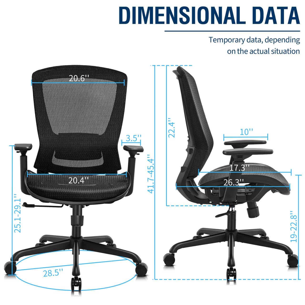 Ergonomic Mesh Office Chair with Lumbar & Armrests, Tilt Function, Wide Seat Swivel Task Chair, Black