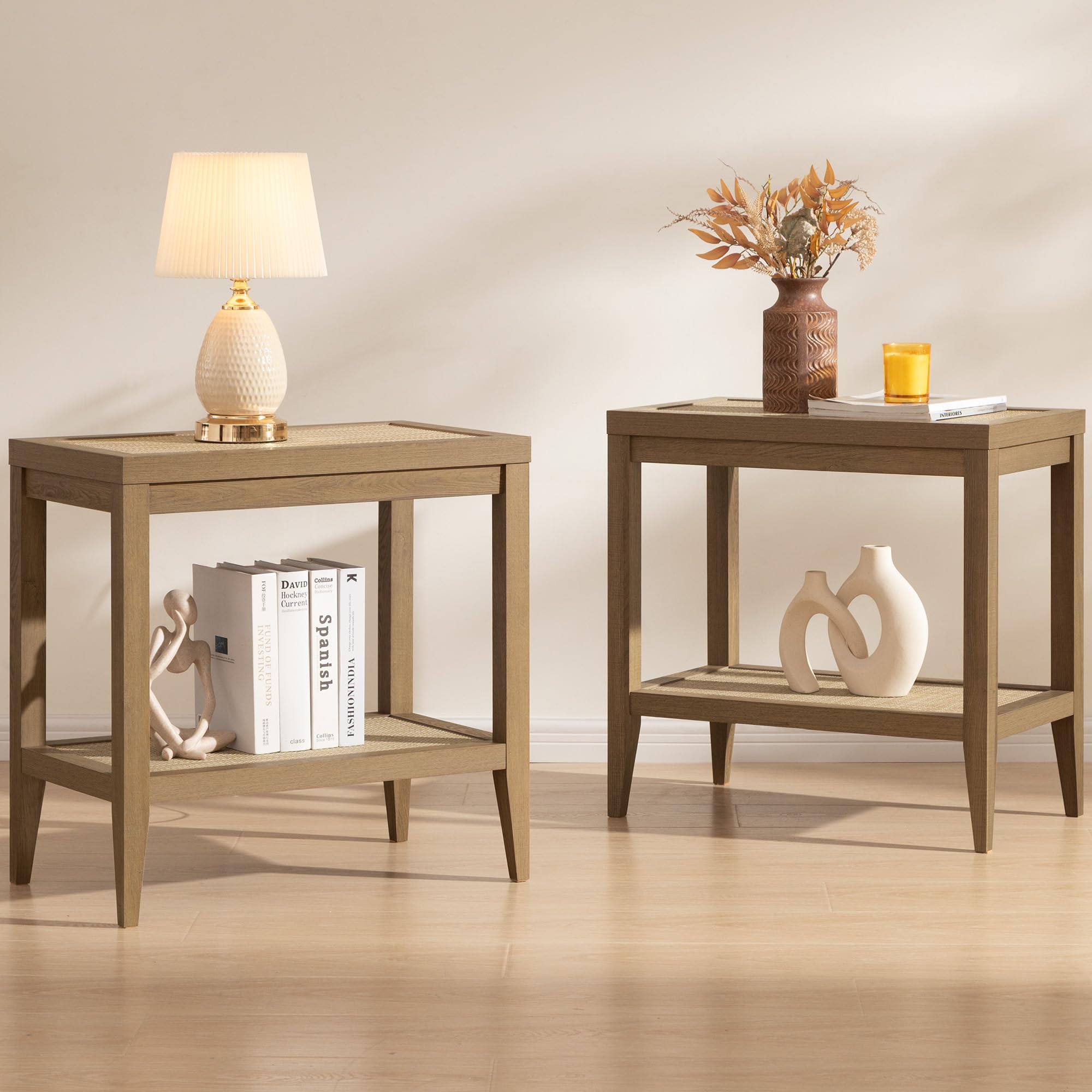 Boho Rattan Nightstand Set of 2, Narrow Side Tables with Storage Shelves for Small Living Spaces