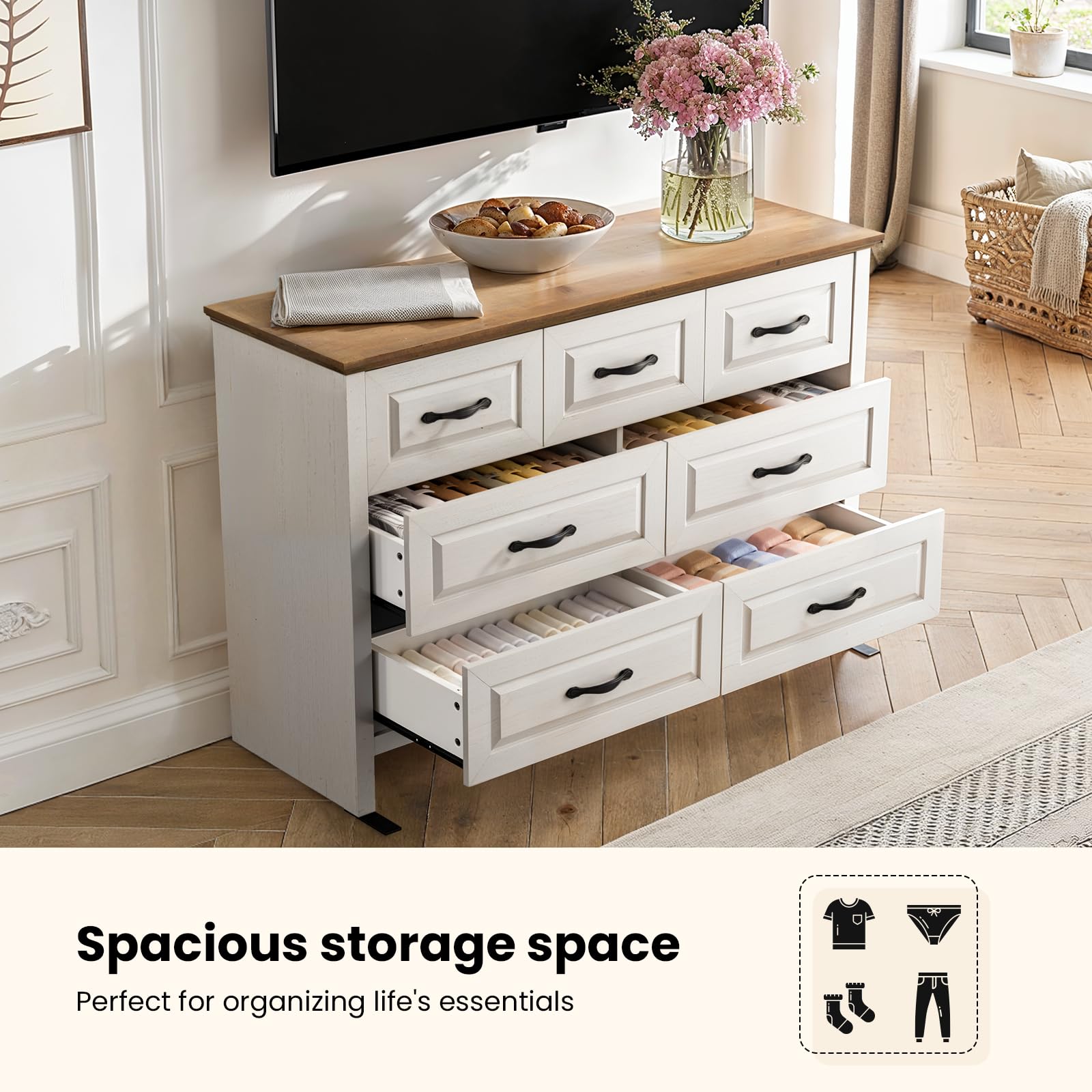 7-Drawer Farmhouse Dresser – Rustic Brown & White Chest with Large Storage Drawers for Bedroom or Hallway