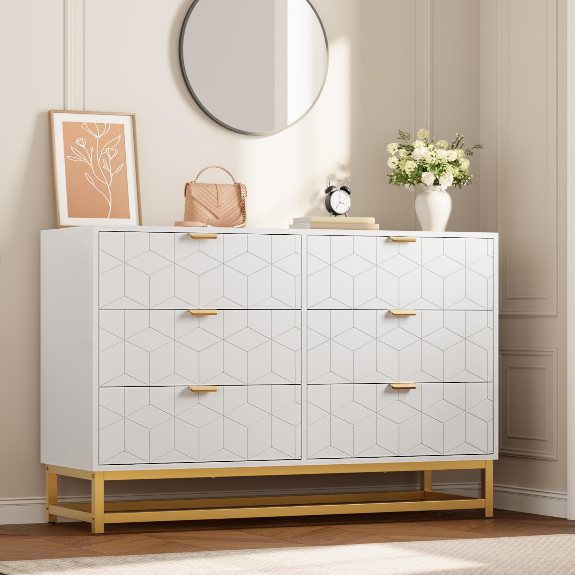 White 6-Drawer Dresser – Modern Double Chest with Gold Handles, Long Organizer for Living Room, Closet or Entryway